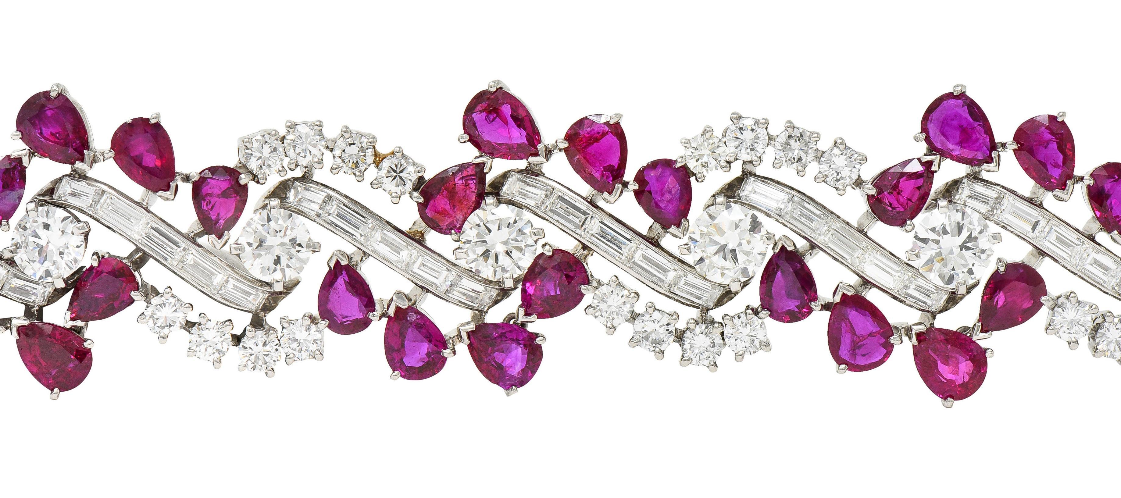 Mid-Century No Heat Burma Ruby Diamond Platinum Vintage Twist Line Bracelet For Sale 2