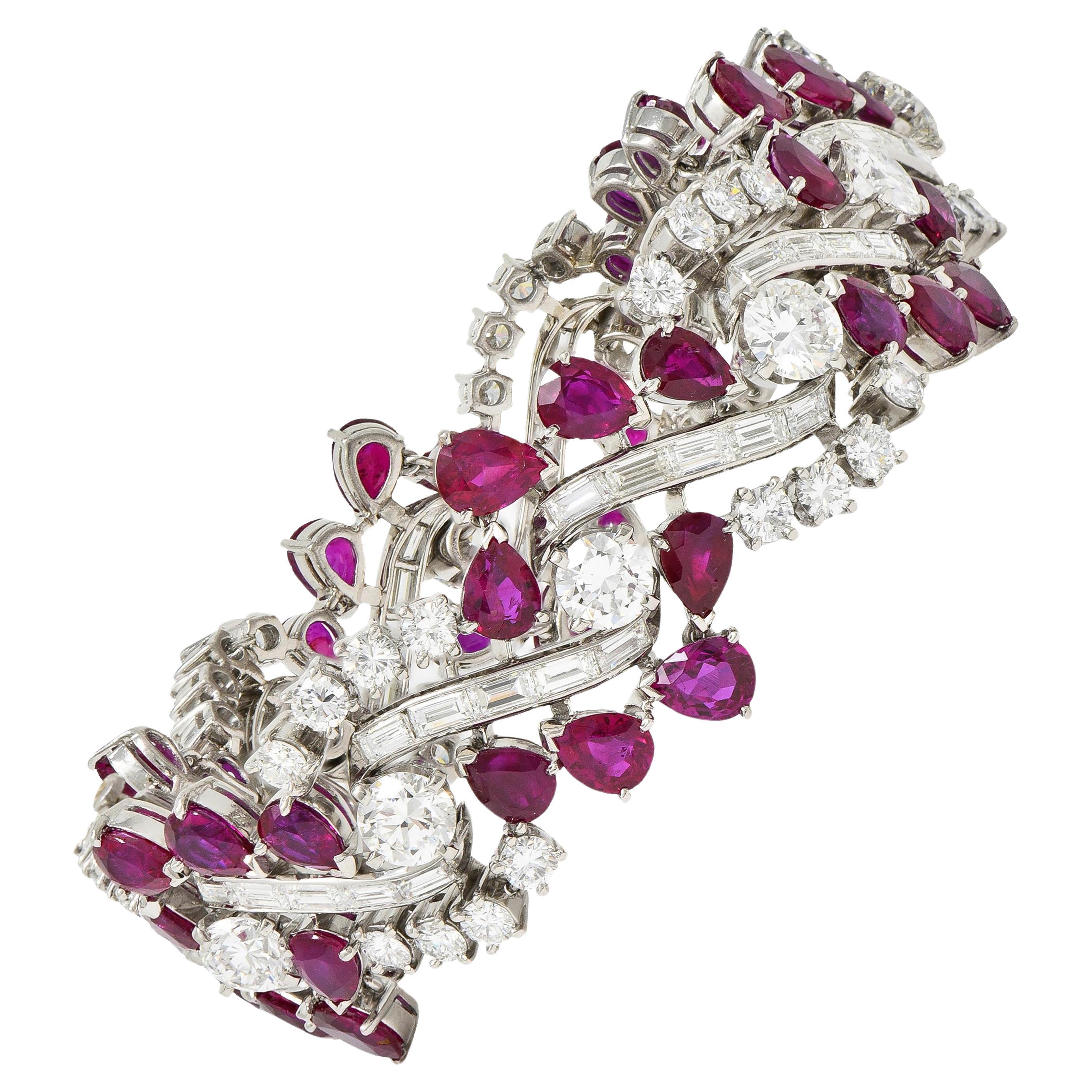Mid-Century No Heat Burma Ruby Diamond Platinum Vintage Twist Line Bracelet For Sale