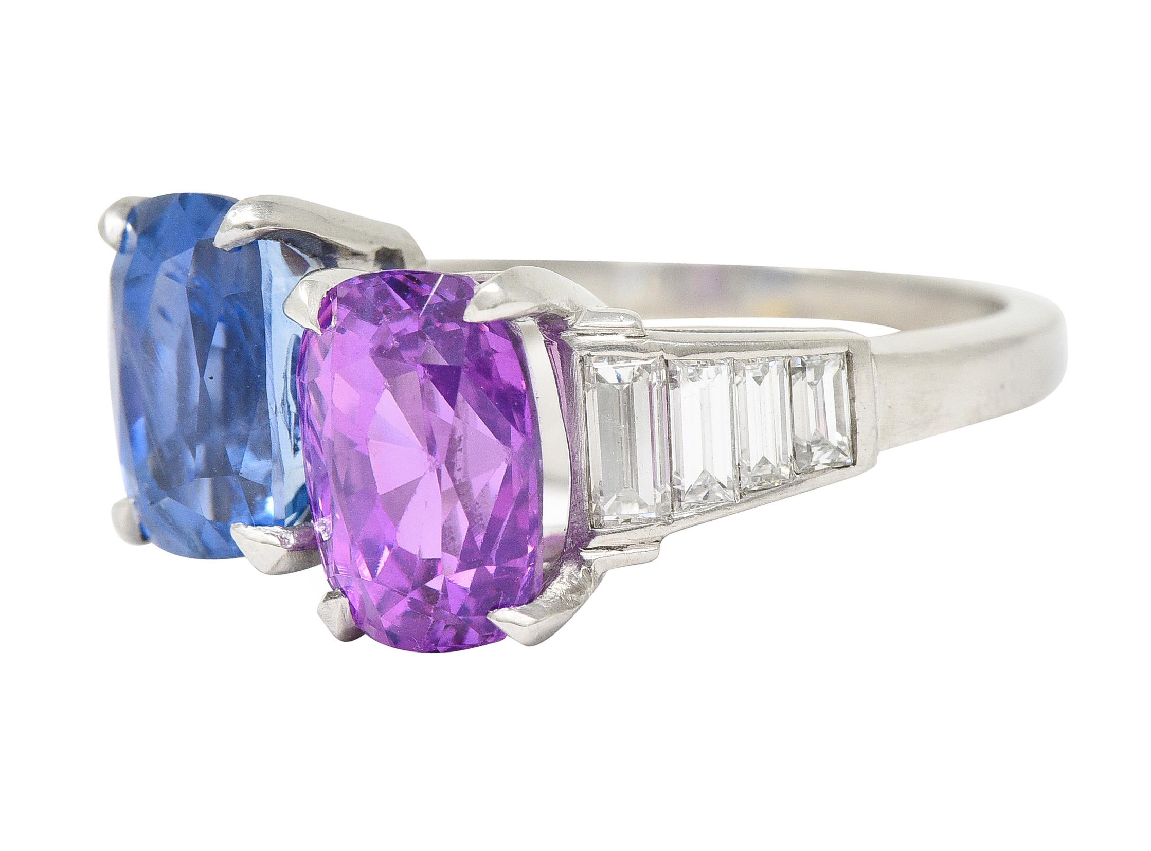 Women's or Men's Mid-Century No Heat Ceylon Pink & Blue Sapphire Diamond Bypass Vintage Ring GIA For Sale