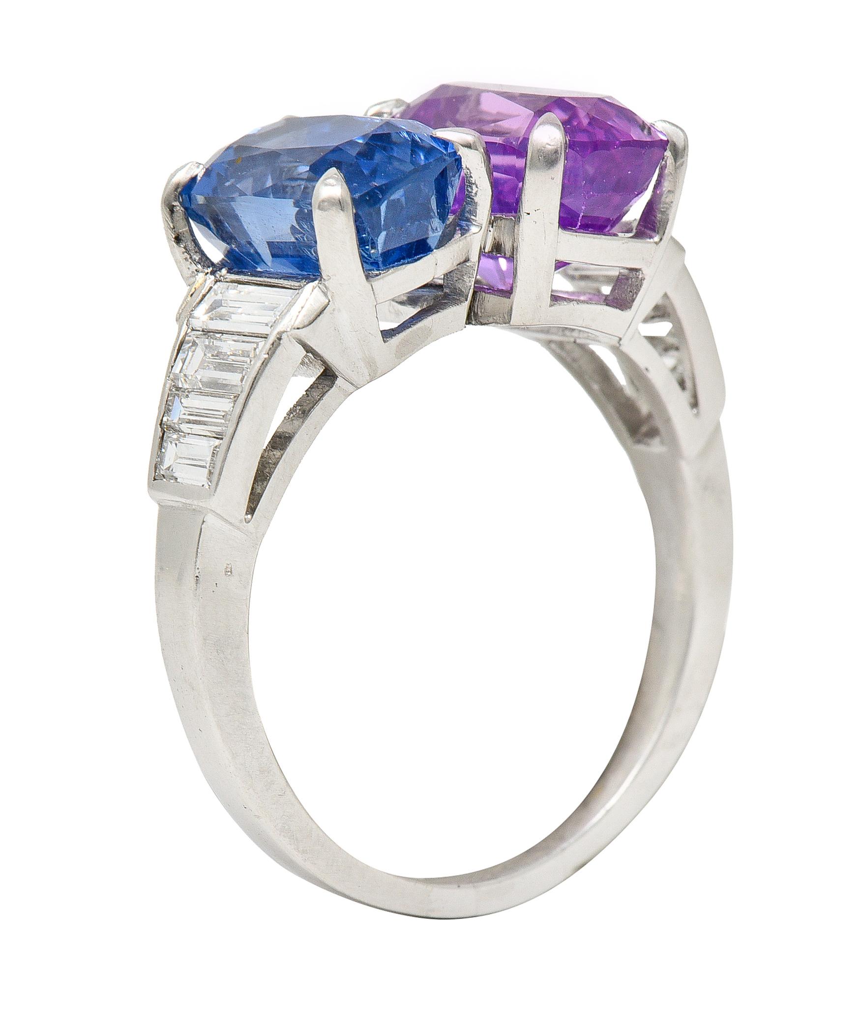 Mid-Century No Heat Ceylon Pink & Blue Sapphire Diamond Bypass Vintage Ring GIA For Sale 2