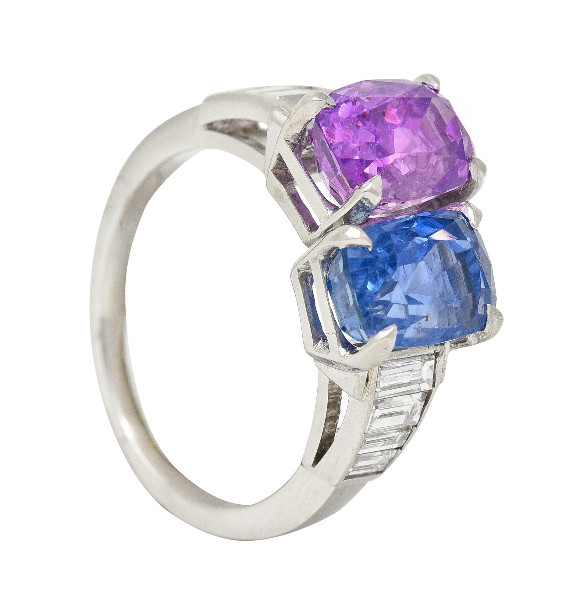 Mid-Century No Heat Ceylon Pink & Blue Sapphire Diamond Bypass Vintage Ring GIA For Sale 3