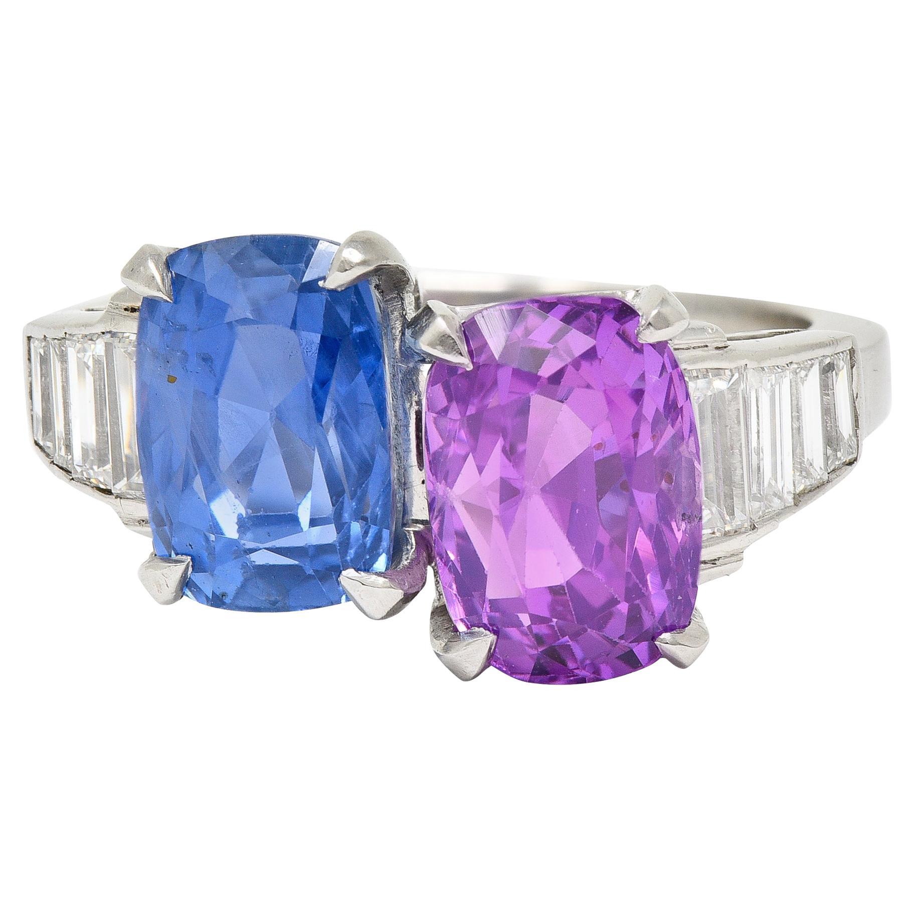 Mid-Century No Heat Ceylon Pink & Blue Sapphire Diamond Bypass Vintage Ring GIA For Sale