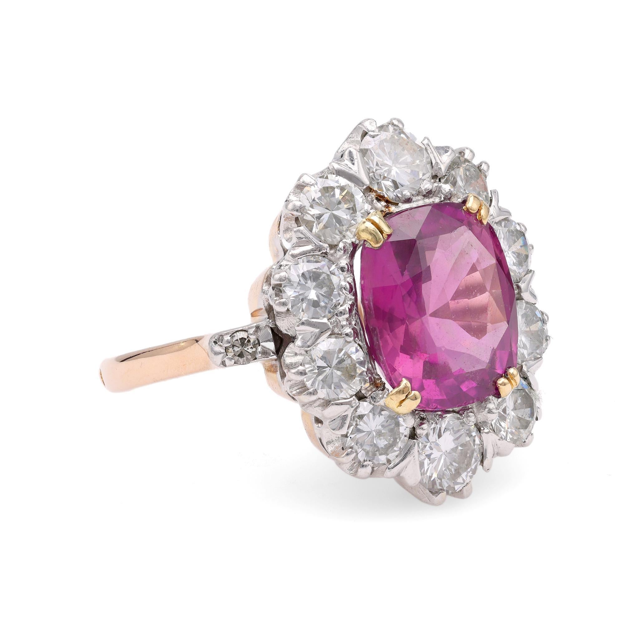 Art Deco Mid-Century No Heat Pink Sapphire Diamond Gold Cluster Ring For Sale