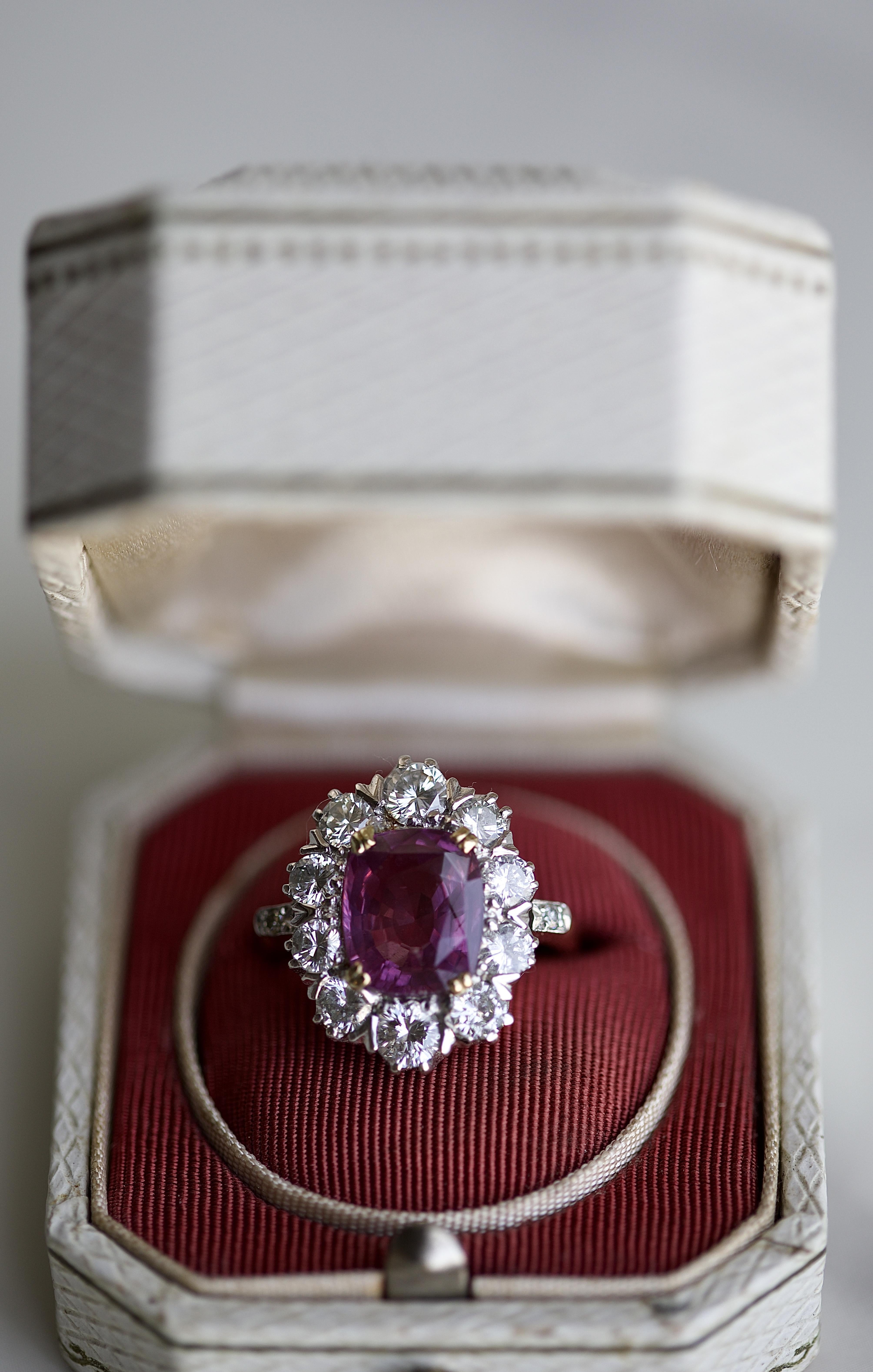 Cushion Cut Mid-Century No Heat Pink Sapphire Diamond Gold Cluster Ring For Sale