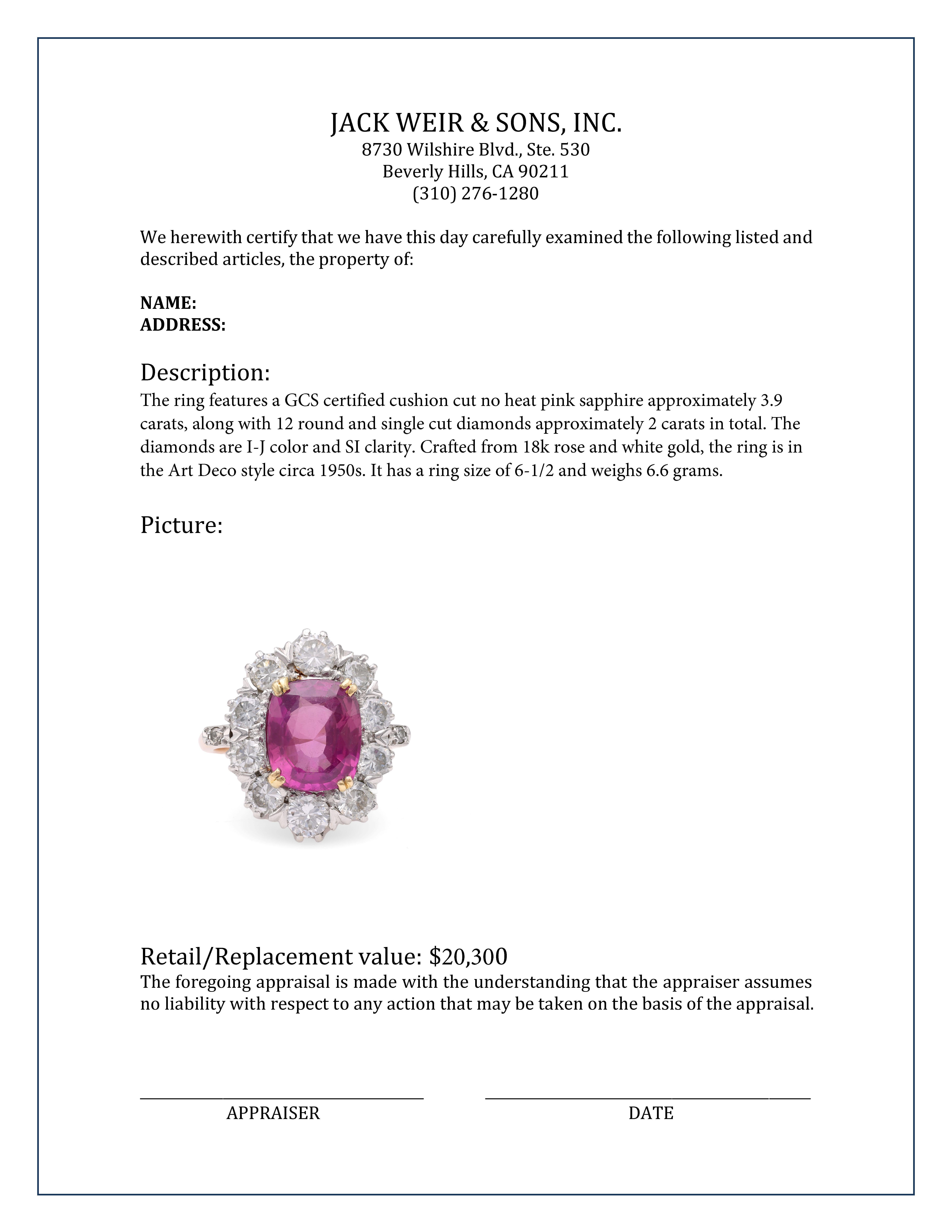 Mid-Century No Heat Pink Sapphire Diamond Gold Cluster Ring In Excellent Condition For Sale In Beverly Hills, CA