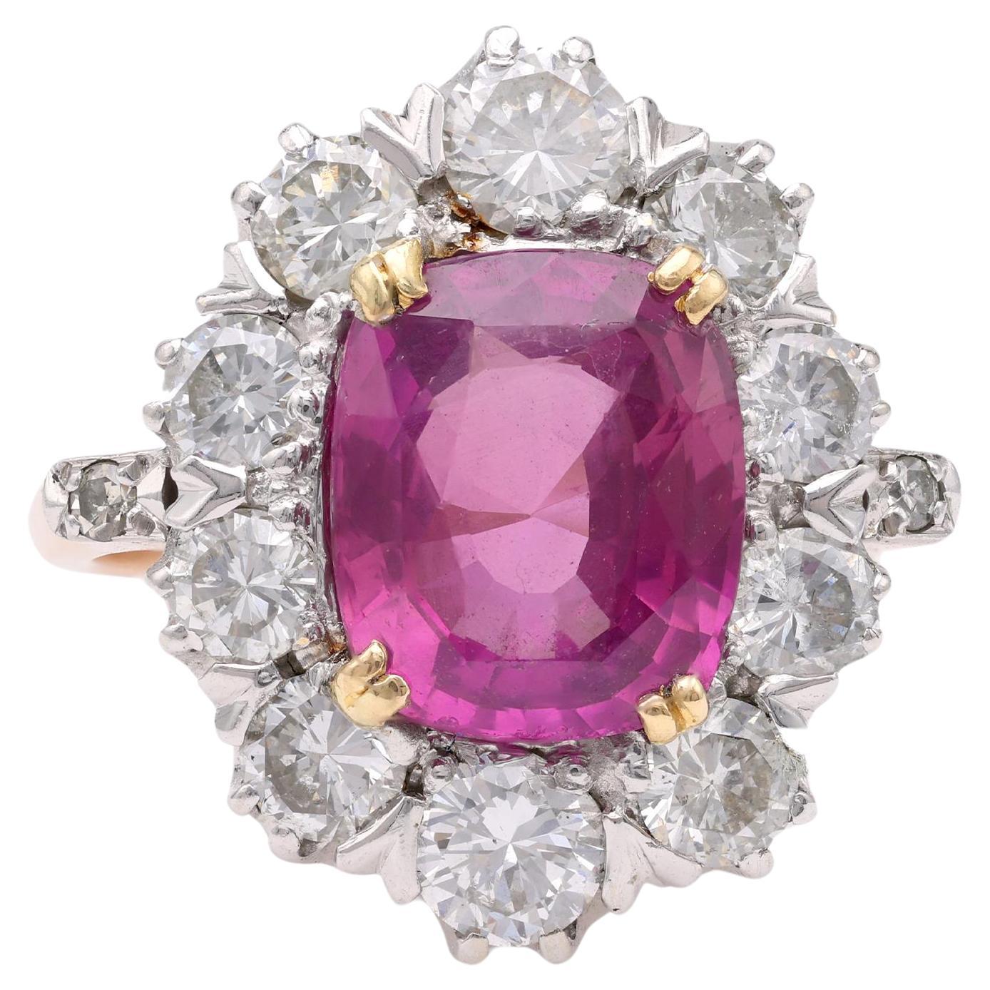 Mid-Century No Heat Pink Sapphire Diamond Gold Cluster Ring For Sale