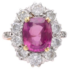 Retro Mid-Century No Heat Pink Sapphire Diamond Gold Cluster Ring