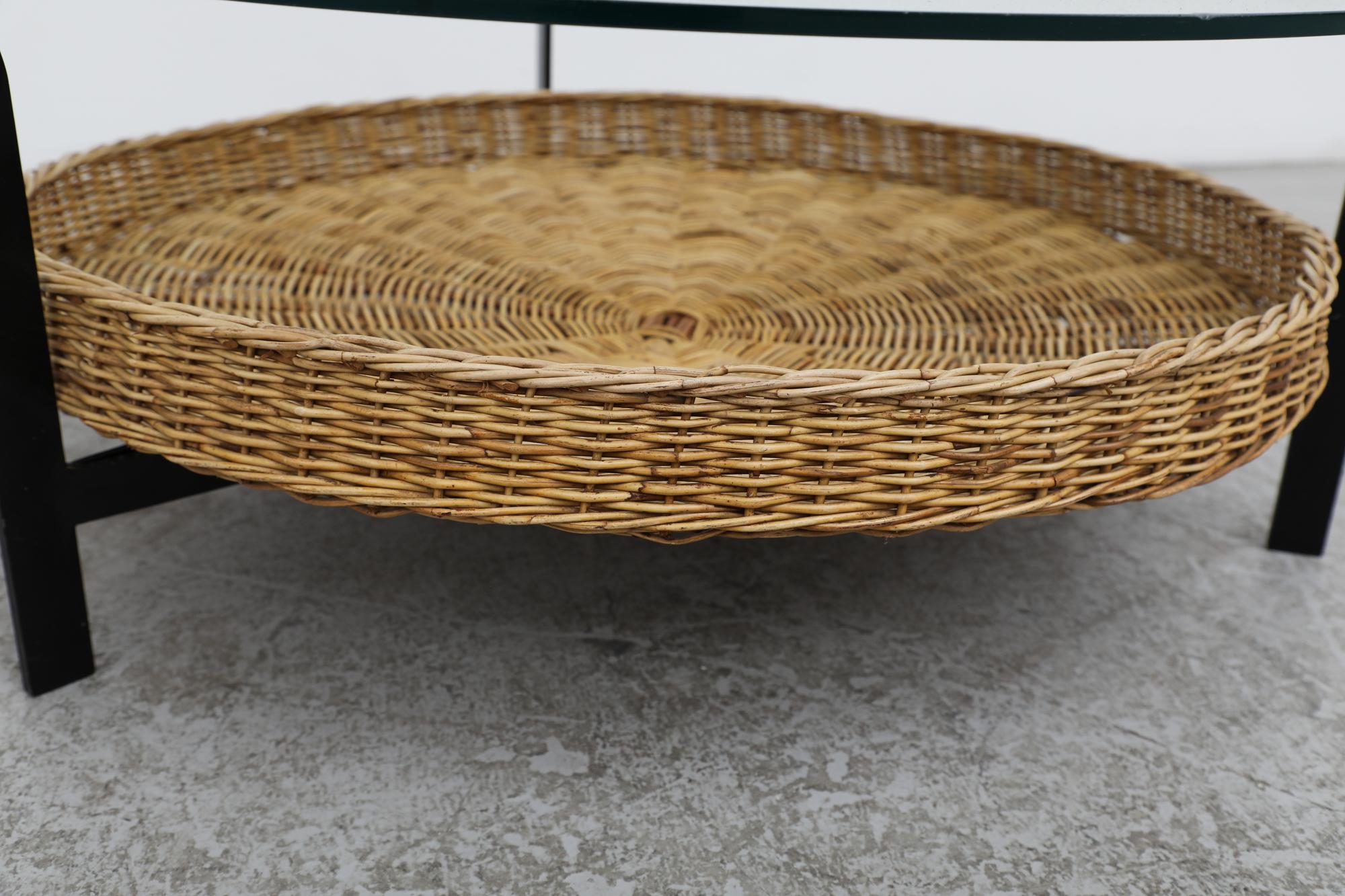 Mid-Century Noordwolde style Round Glass and Rattan Coffee Table For Sale 1