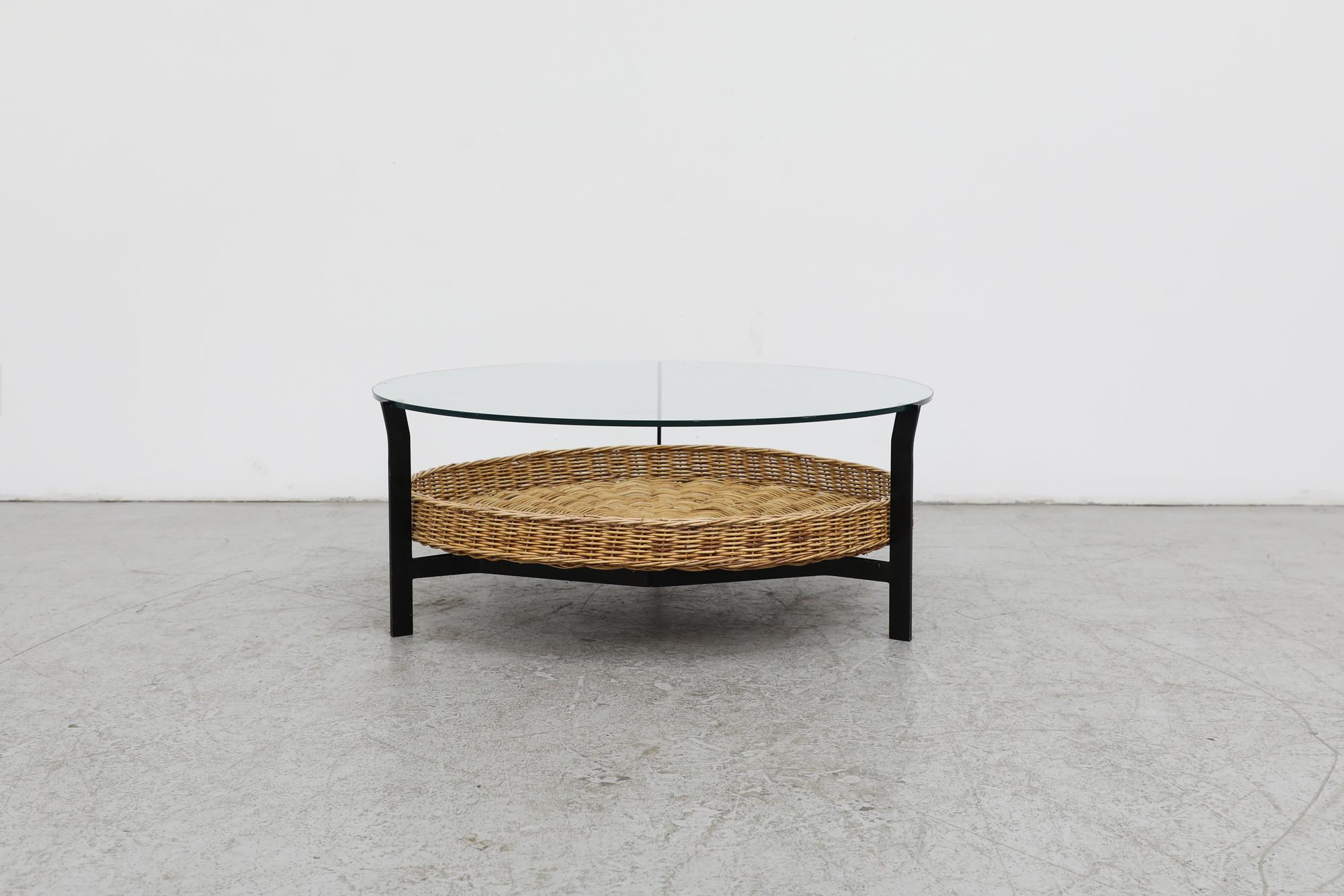 Mid-Century Modern Mid-Century Noordwolde style Round Glass and Rattan Coffee Table For Sale