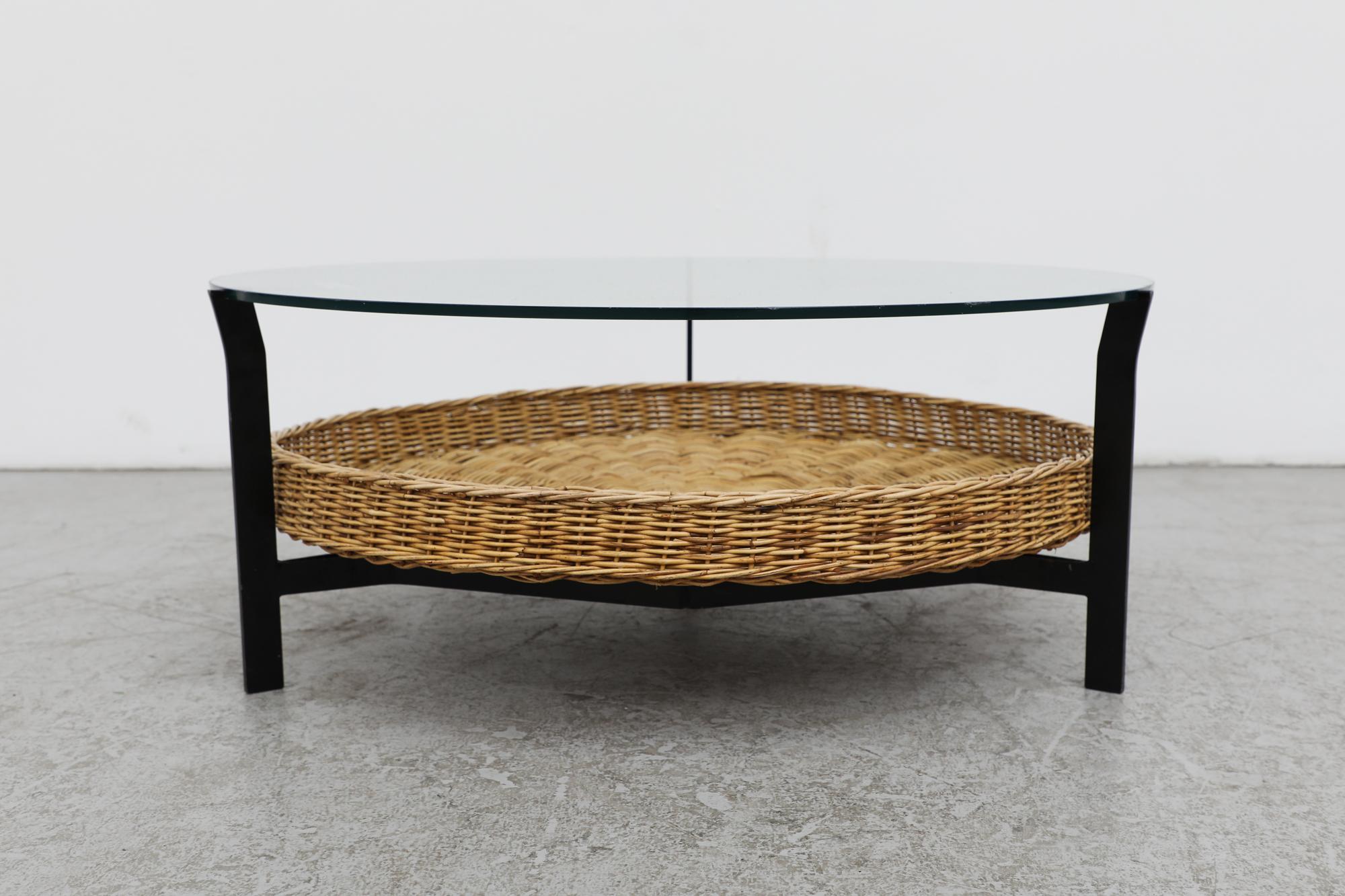 Enameled Mid-Century Noordwolde style Round Glass and Rattan Coffee Table For Sale