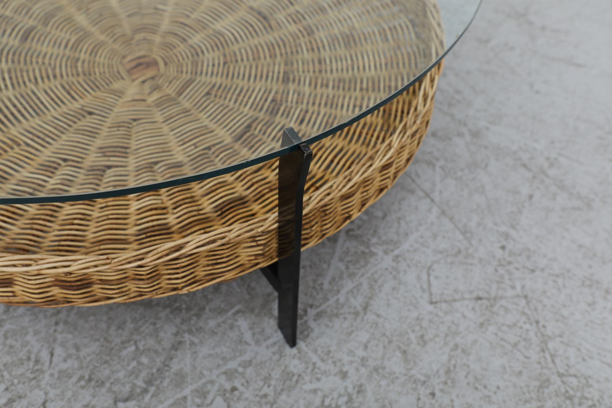 Mid-20th Century Mid-Century Noordwolde style Round Glass and Rattan Coffee Table For Sale