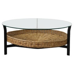 Mid-Century Noordwolde Style Round Glass and Rattan Coffee Table