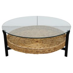 Vintage Mid-Century Noordwolde style Round Glass and Rattan Coffee Table