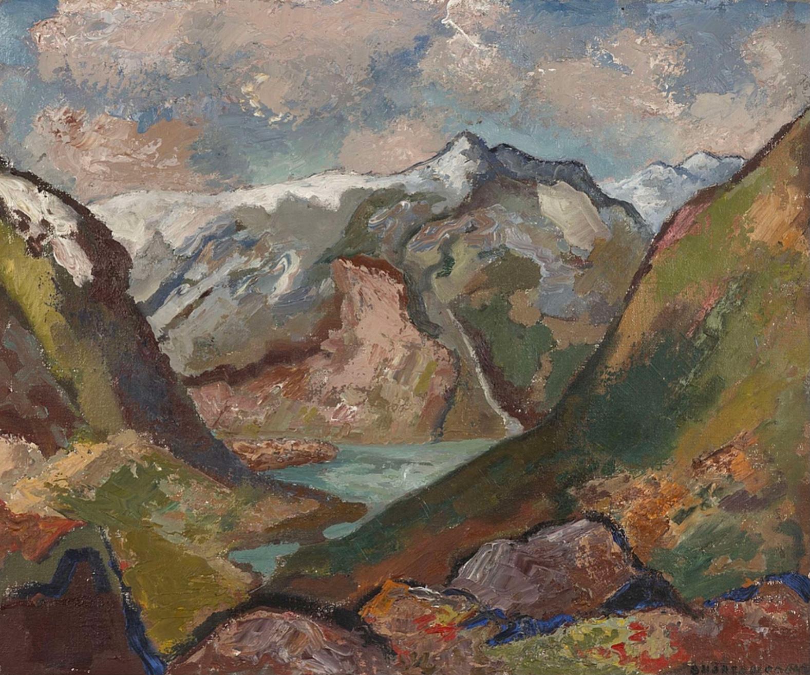 A striking mid c20th s oil painting on canvas of Norwegian hills and snow covered mountains painted in strong tones in a sympathetic deep stepped frame. 
The Swedish artist Brita Nordencreutz along with her figurative studies was known for her