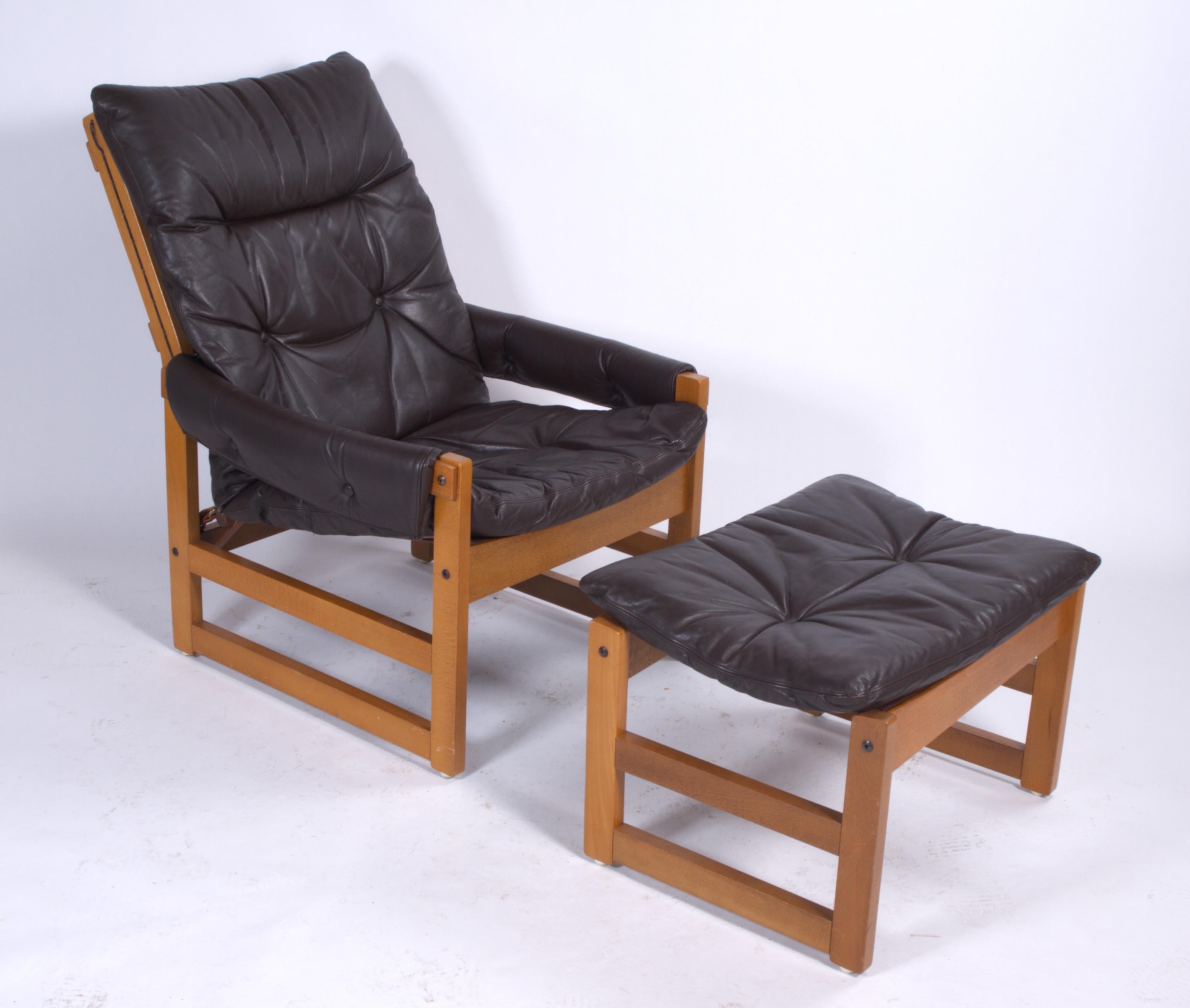 Mid-Century Norwegian Leather Chair + Ottoman by Jan Eckhardt, 1960s For Sale 1