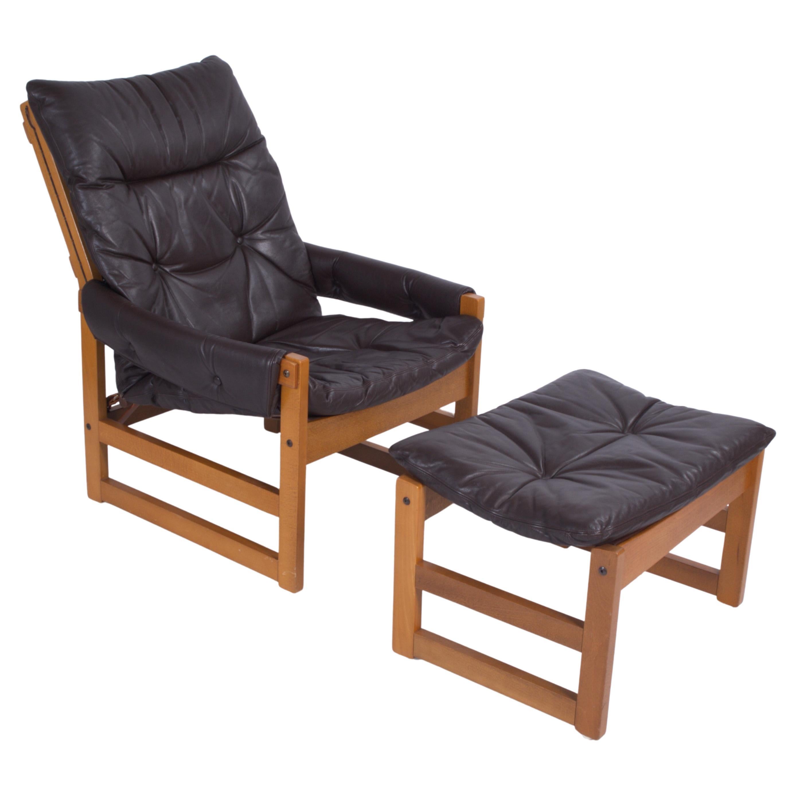 Mid-Century Norwegian Leather Chair + Ottoman by Jan Eckhardt, 1960s For Sale