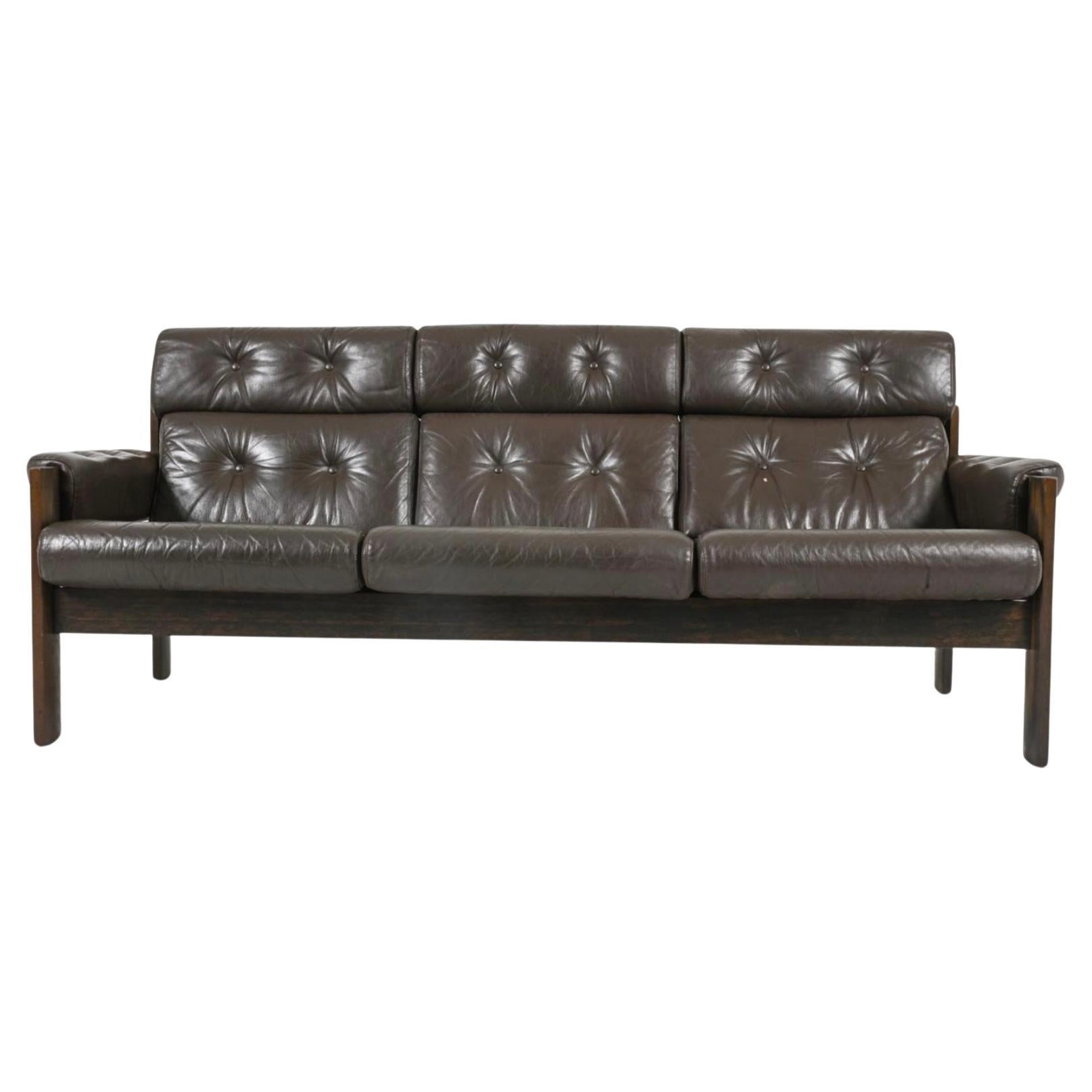 Mid-Century Norwegian Modern Ekornes Brown Leather oak 3 Seater Sofa For Sale