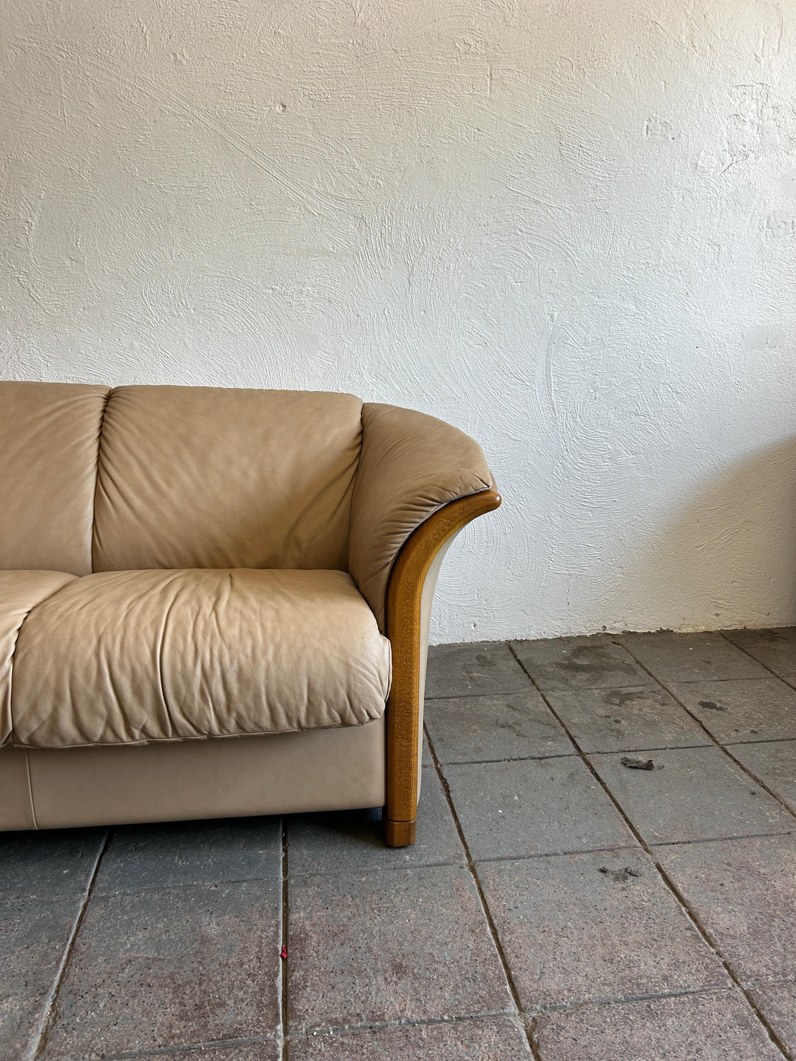 Mid-Century Modern Mid-Century Norwegian Modern Ekornes tan Leather oak 2 Seat Sofa loveseat