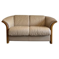 Mid-Century Norwegian Modern Ekornes tan Leather oak 2 Seat Sofa loveseat