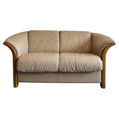Mid-Century Norwegian Modern Ekornes tan Leather oak 2 Seat Sofa loveseat