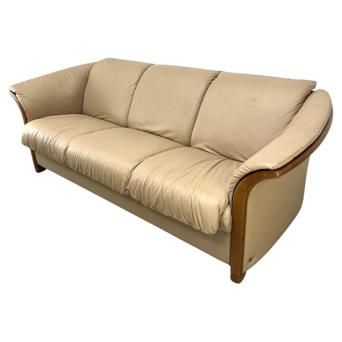 Mid-century Norwegian Modern Ekornes Tan leather oak 3 seater sofa. Superb curved light tan leather with solid oak wood frame. Beautiful condition and very comfortable. Great Norwegian design. Good vintage condition shows normal wear - very
