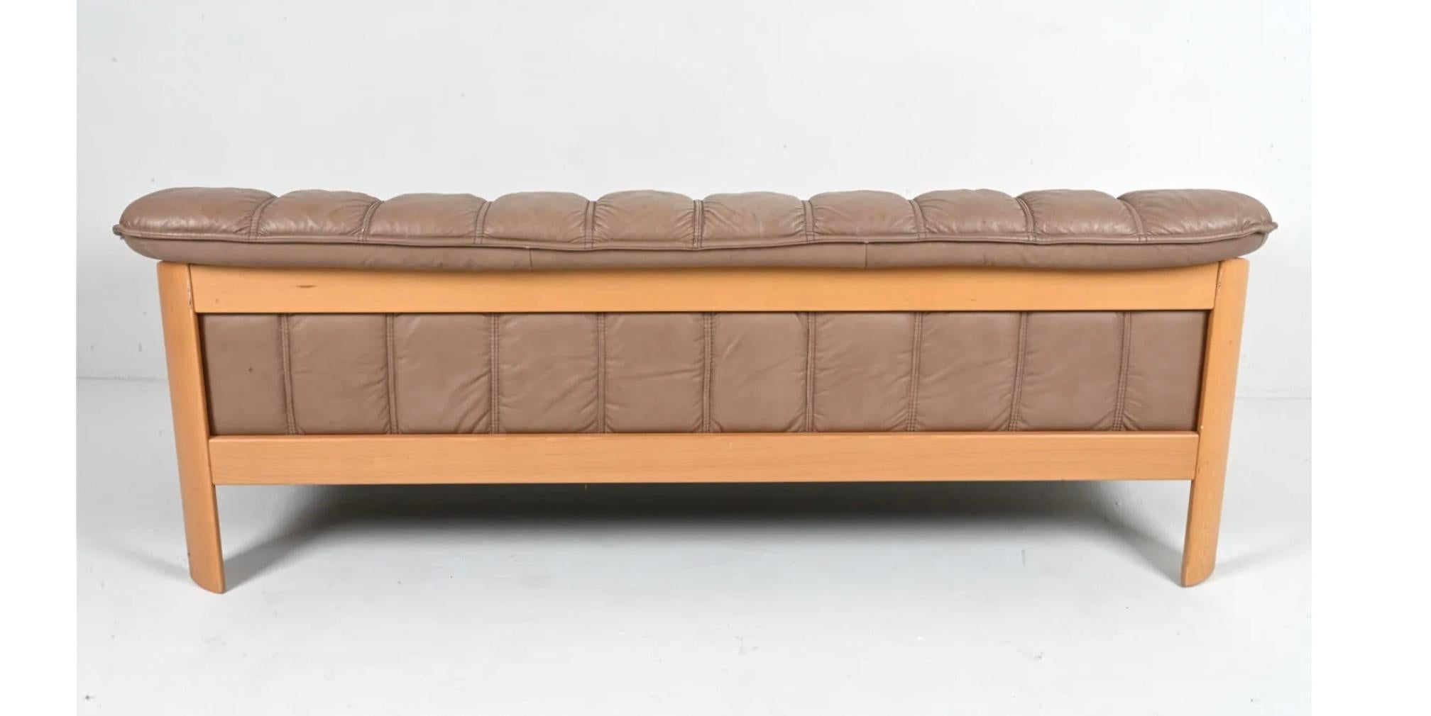 Late 20th Century Mid-Century Norwegian Post Modern Ekornes Brown Leather Birch frame Sofa For Sale