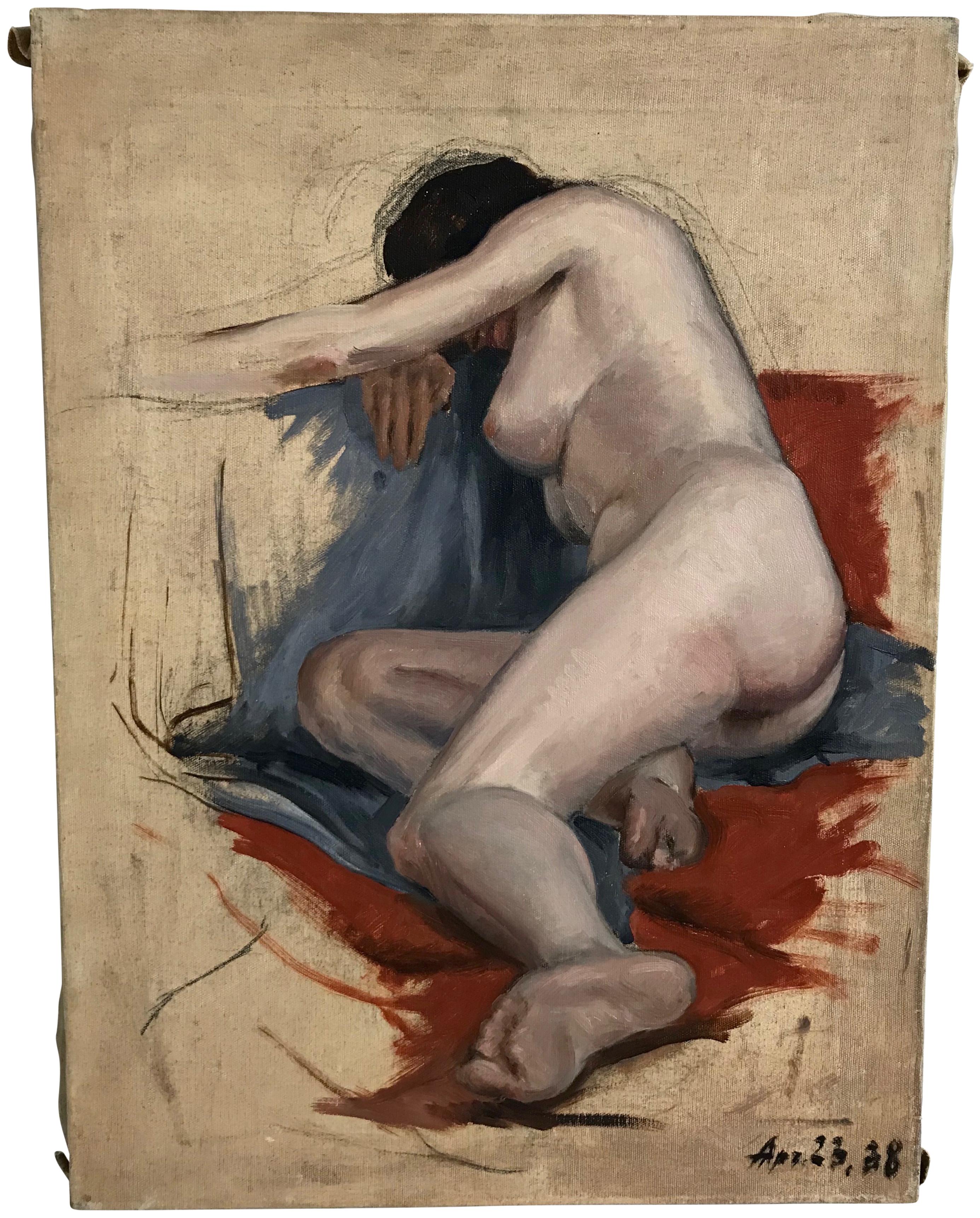 American Midcentury Nude Study Painting 1938 For Sale