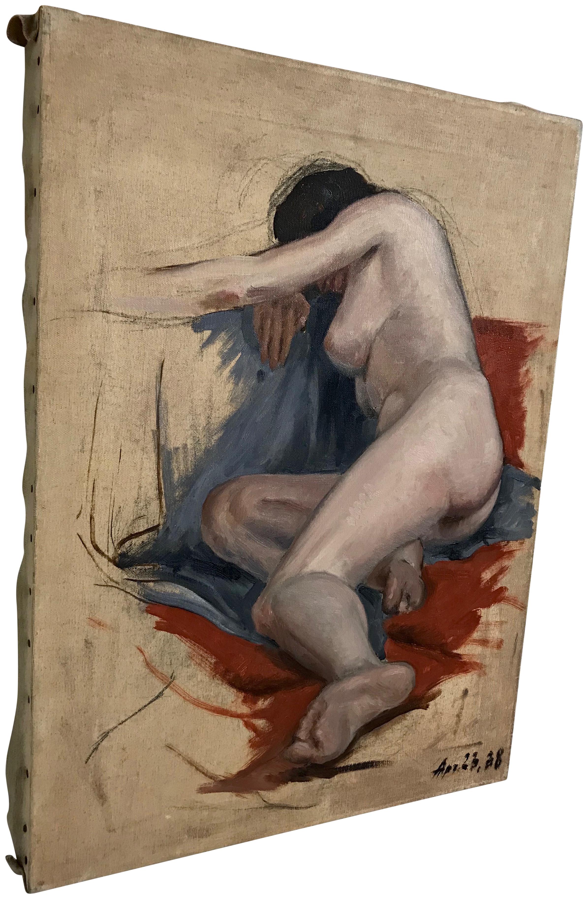 Hand-Painted Midcentury Nude Study Painting 1938 For Sale