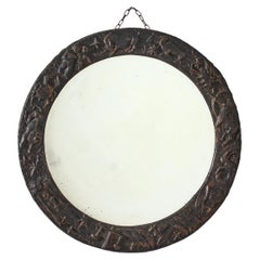 Retro Midcentury O. Borsani Craved Wooden Round Mirror with Zodiac Signs Italy, 1960s