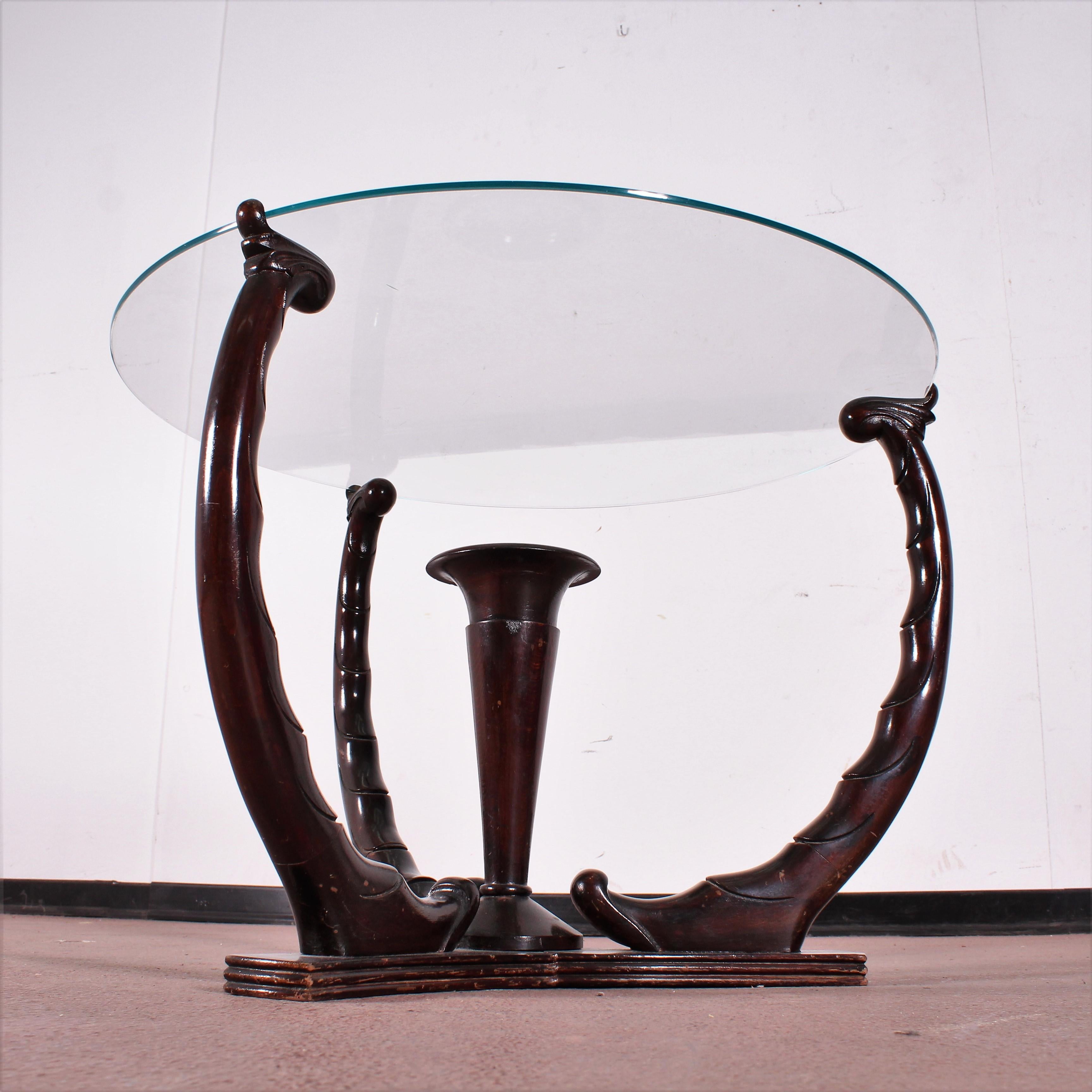 Italian Midcentury O. Borsani Wood Circular Coffee Table Glass Top, 1950s, Italy