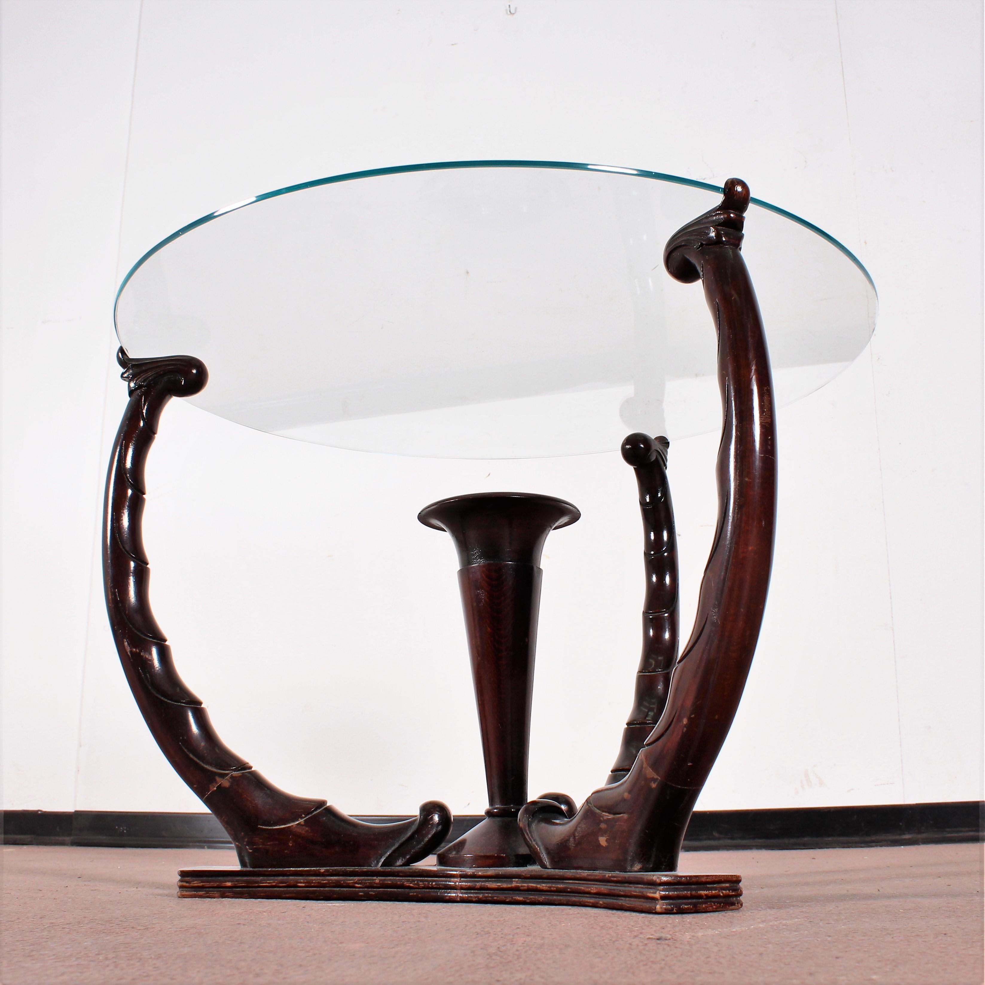 Midcentury O. Borsani Wood Circular Coffee Table Glass Top, 1950s, Italy In Good Condition In Palermo, IT