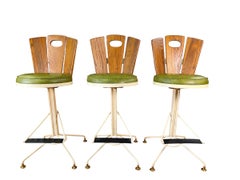 Mid Century Oak and Cast Iron Swivel Bar Stools - Set of 3