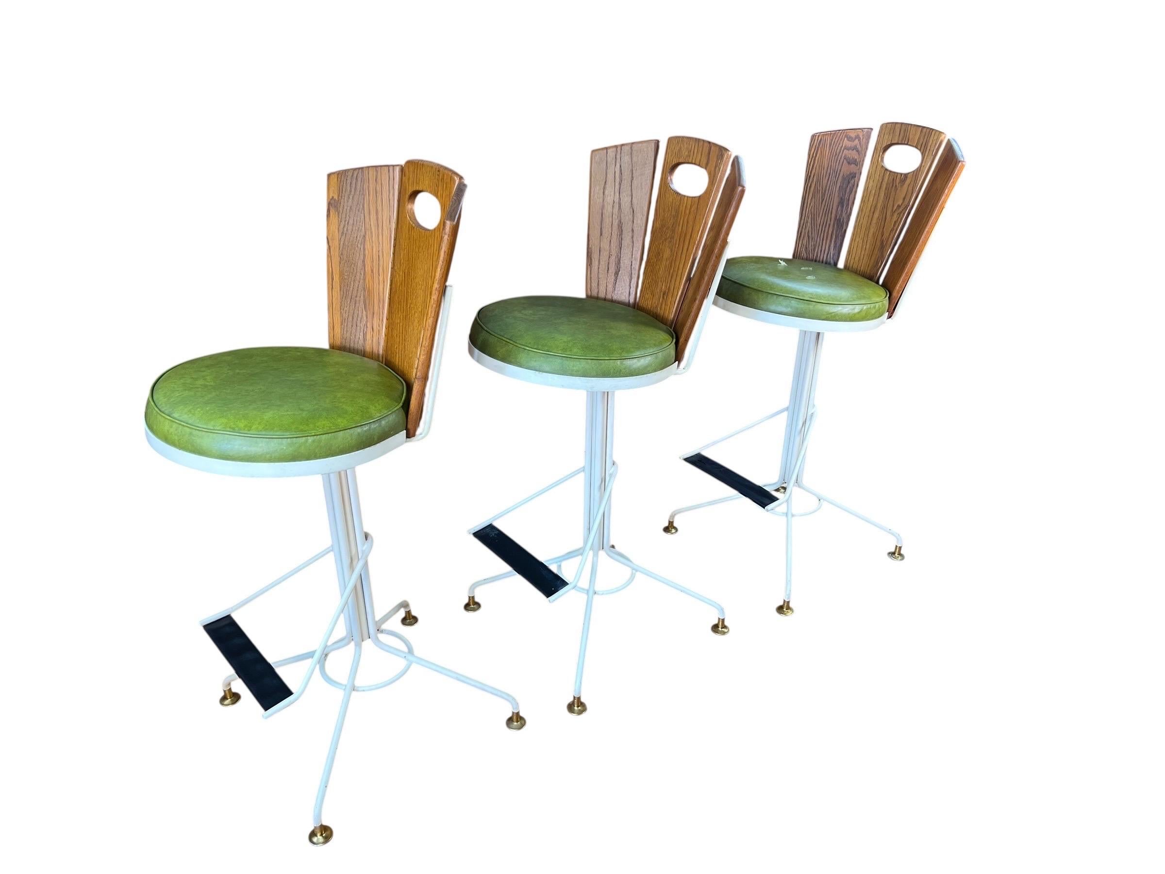 Unknown Mid Century Oak and Cast Iron Swivel Bar Stools - Set of 3 For Sale