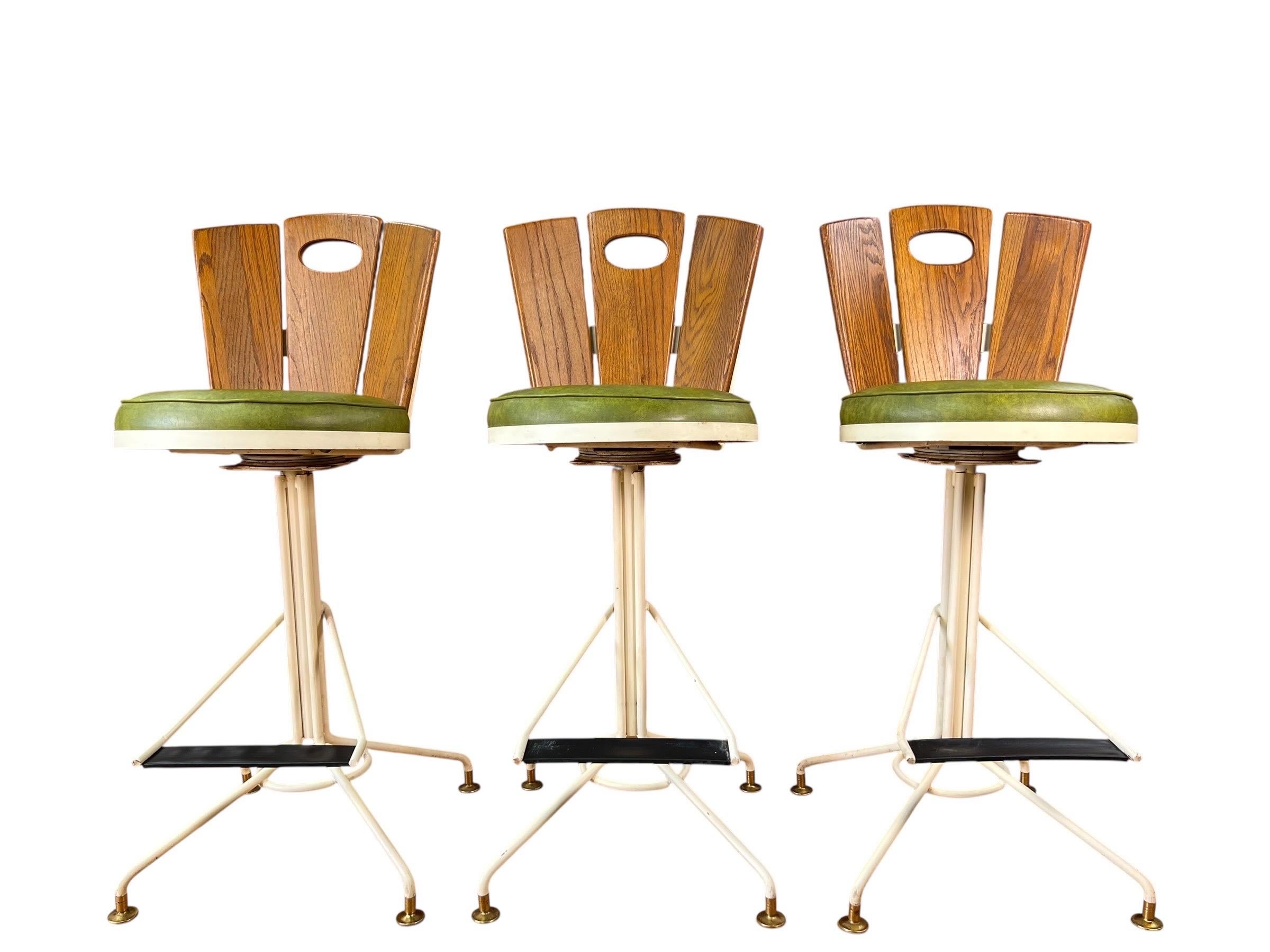 Metal Mid Century Oak and Cast Iron Swivel Bar Stools - Set of 3 For Sale