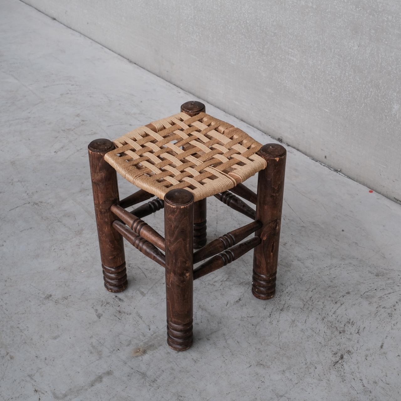 French Mid-Century Oak and Cord Stool Attr. to Charles Dudouyt