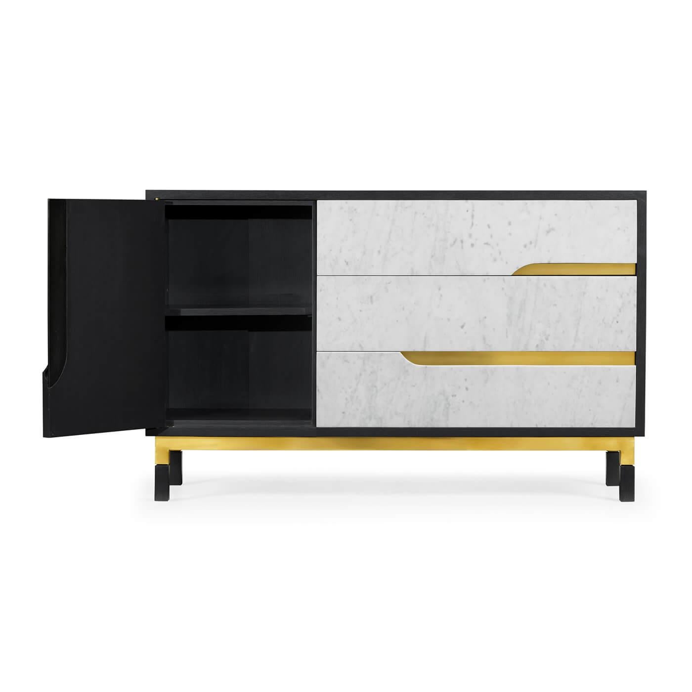 A Mid-Century Modern style storage cabinet, with ebonized oak, white marble front, and brass panels and mounts. 

Dimensions: 55 1/8