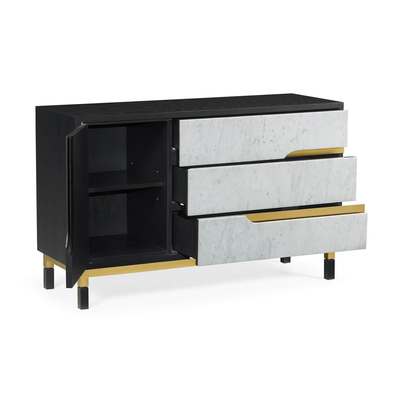 French Midcentury Oak and Marble Cabinet