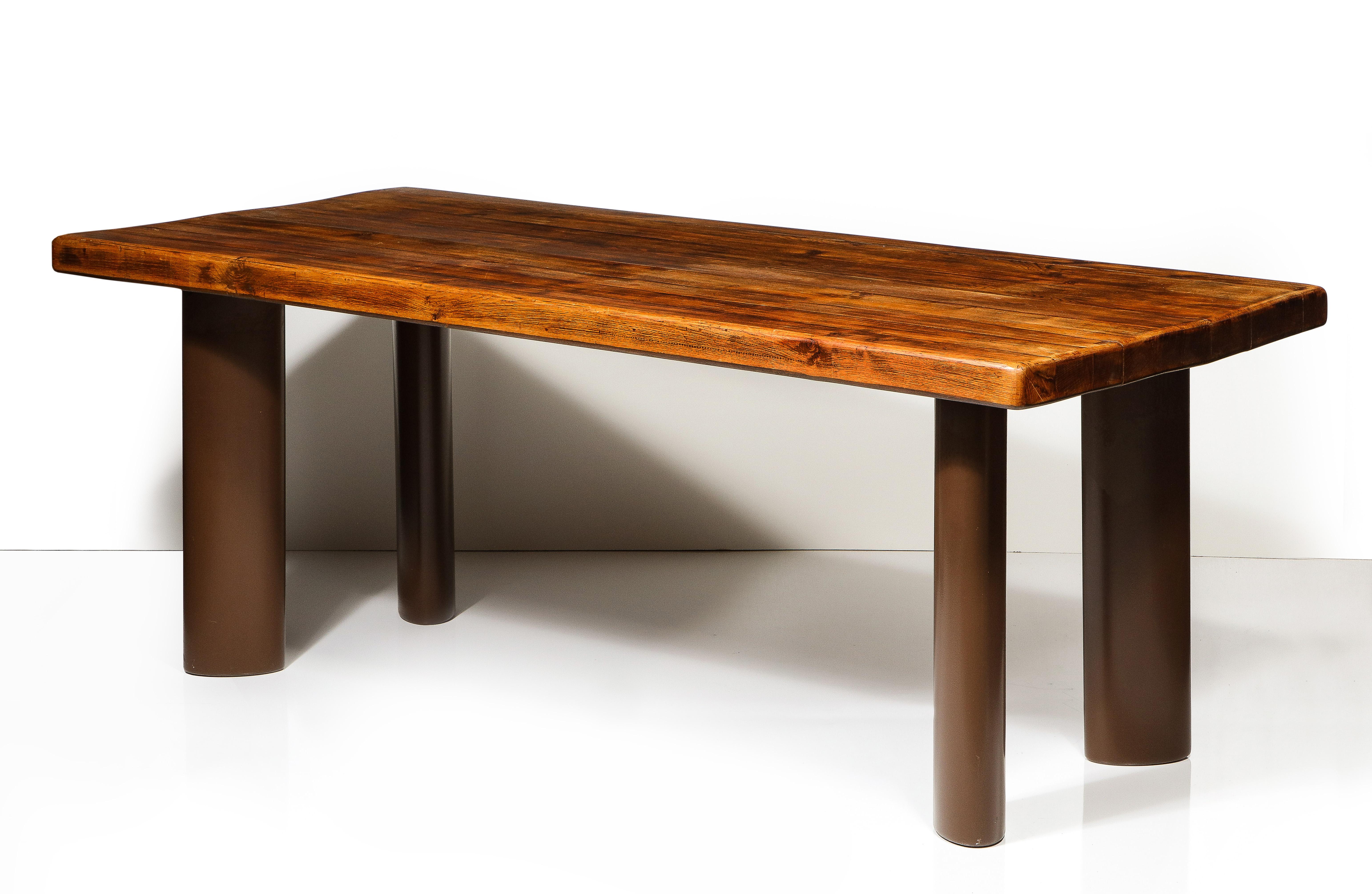 French Mid-Century Oak and Metal Dining Table in the Manner of Charlotte Perriand