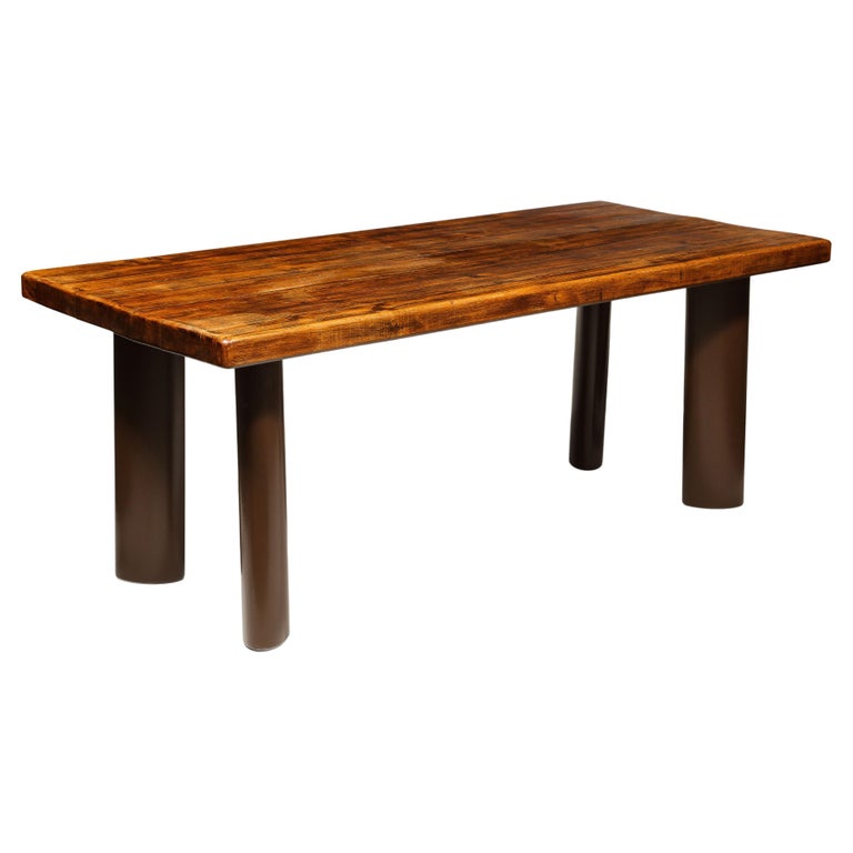 Mid-Century Oak and Metal Dining Table in the Manner of Charlotte Perriand For Sale