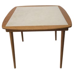 Mesa de cartas plegable con tapa de roble y cuero de PU de mediados de siglo