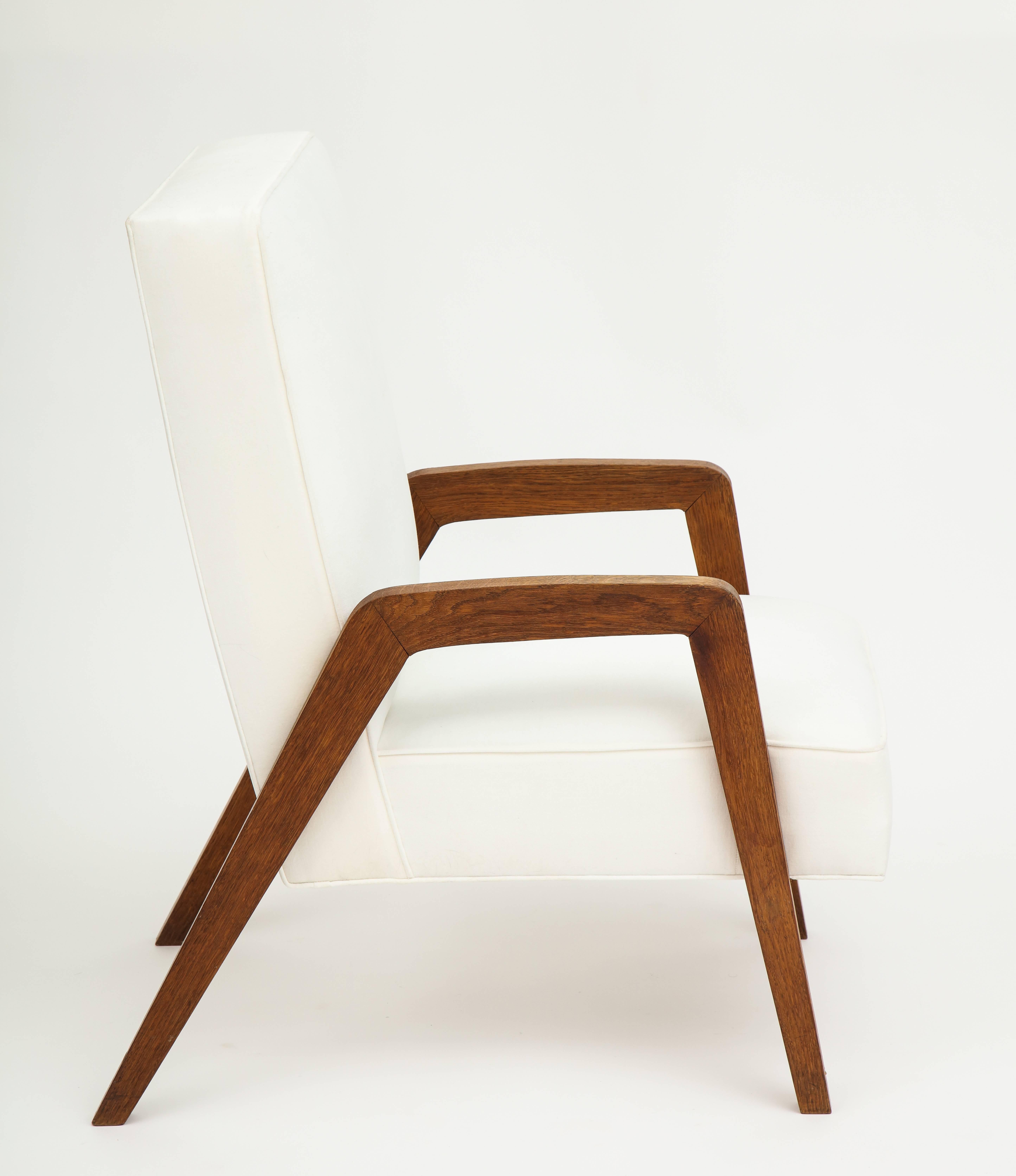 Mid-Century Modern Midcentury Oak Velvet White Jeanneret Style Pair of Lounge Chairs France 1950s