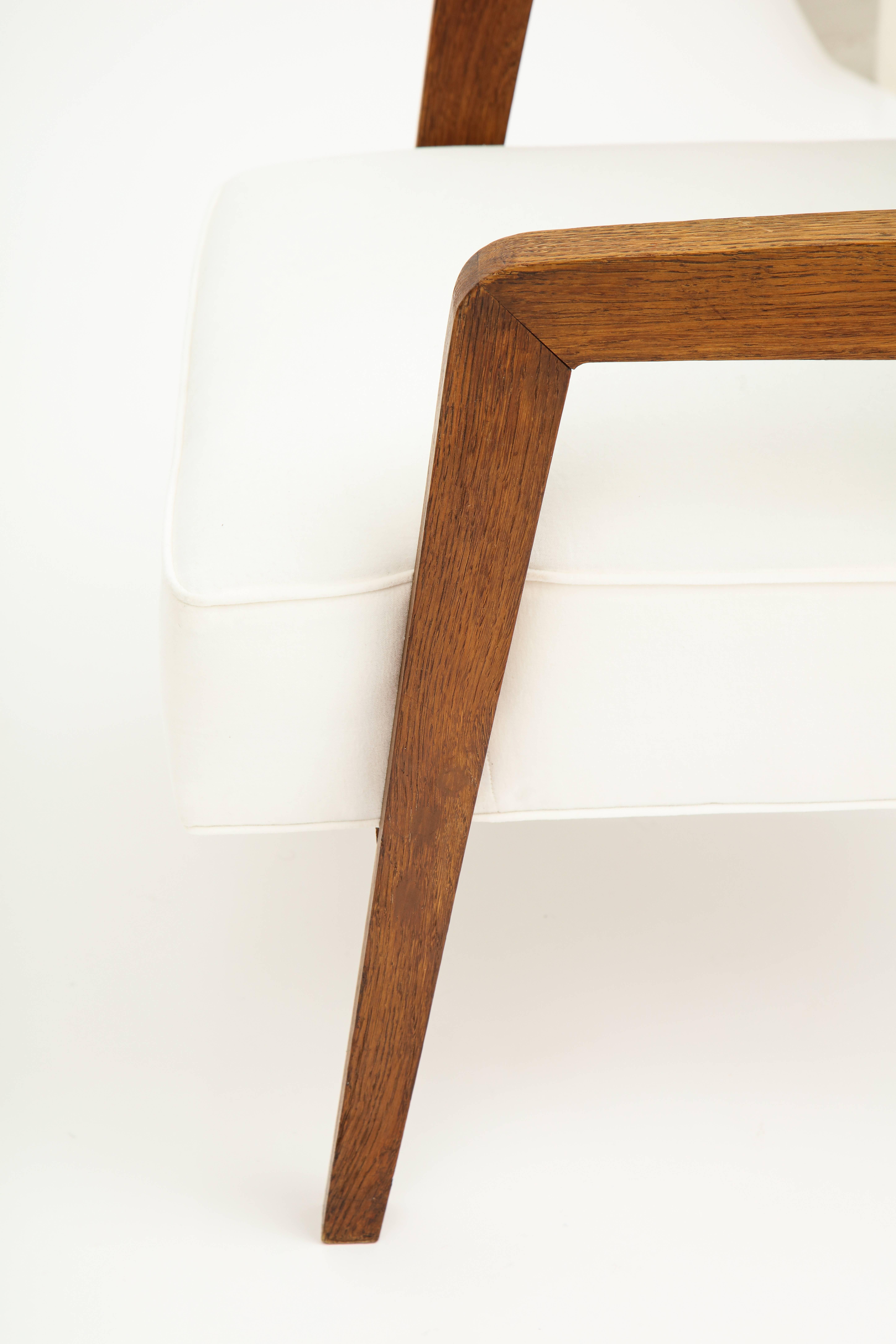 20th Century Midcentury Oak Velvet White Jeanneret Style Pair of Lounge Chairs France 1950s