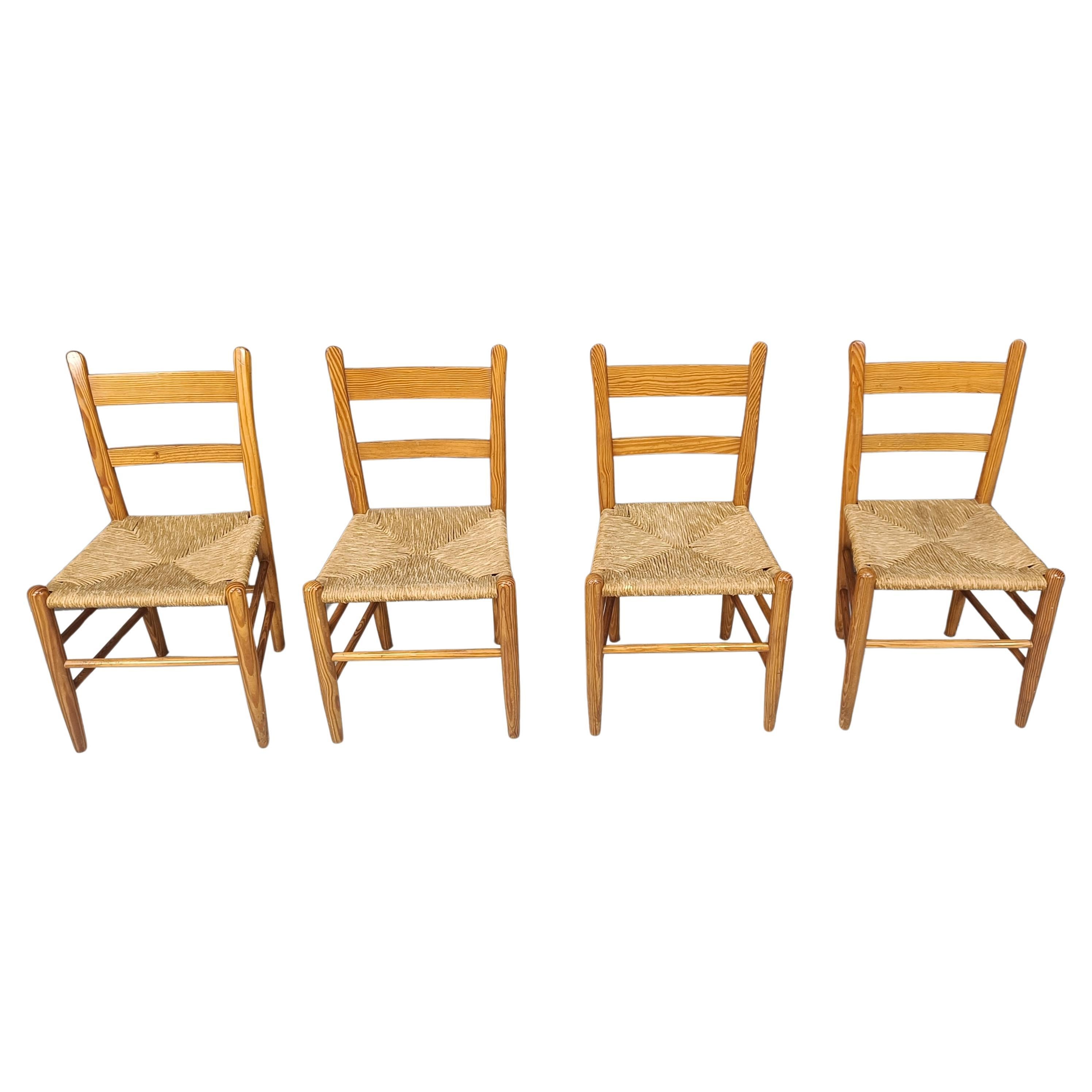 Set di 4 sedie da pranzo di metà secolo in Oak e vimini - Anni '70