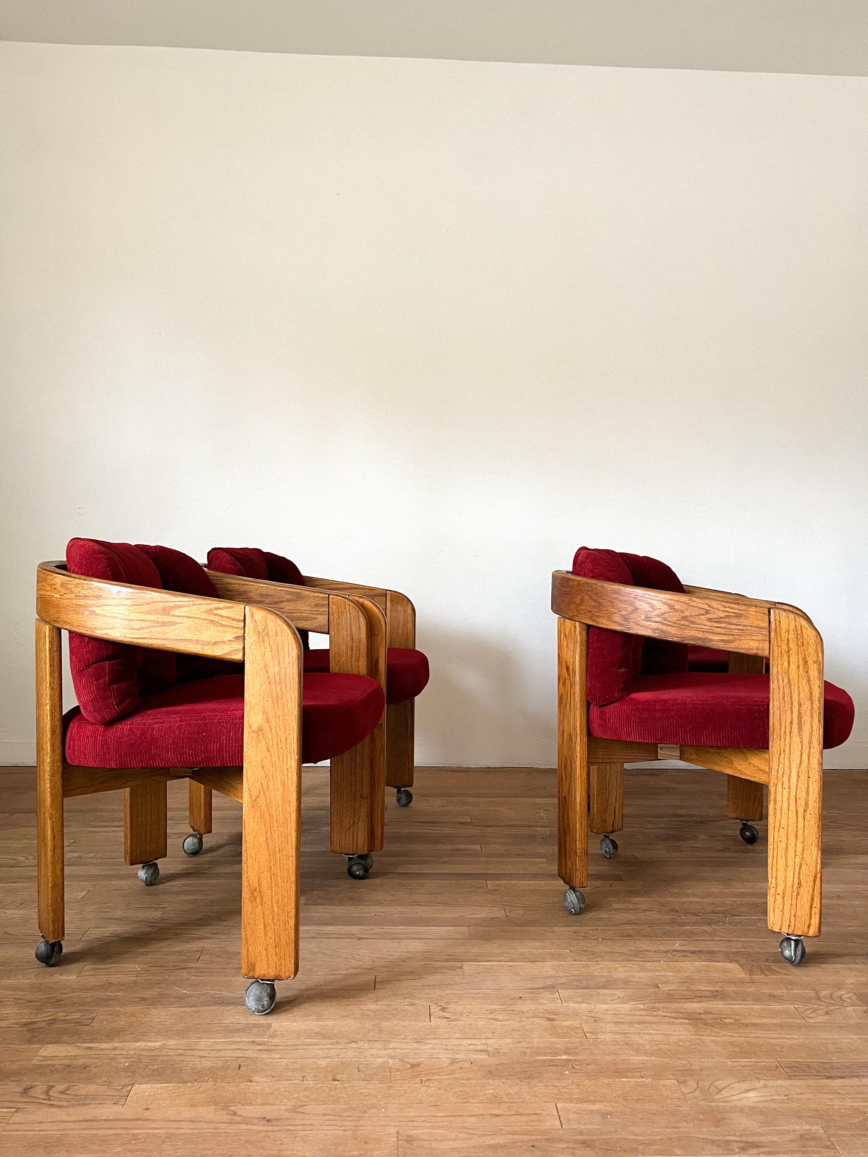 Fabric Mid Century Oak Barrel Chairs on Casters