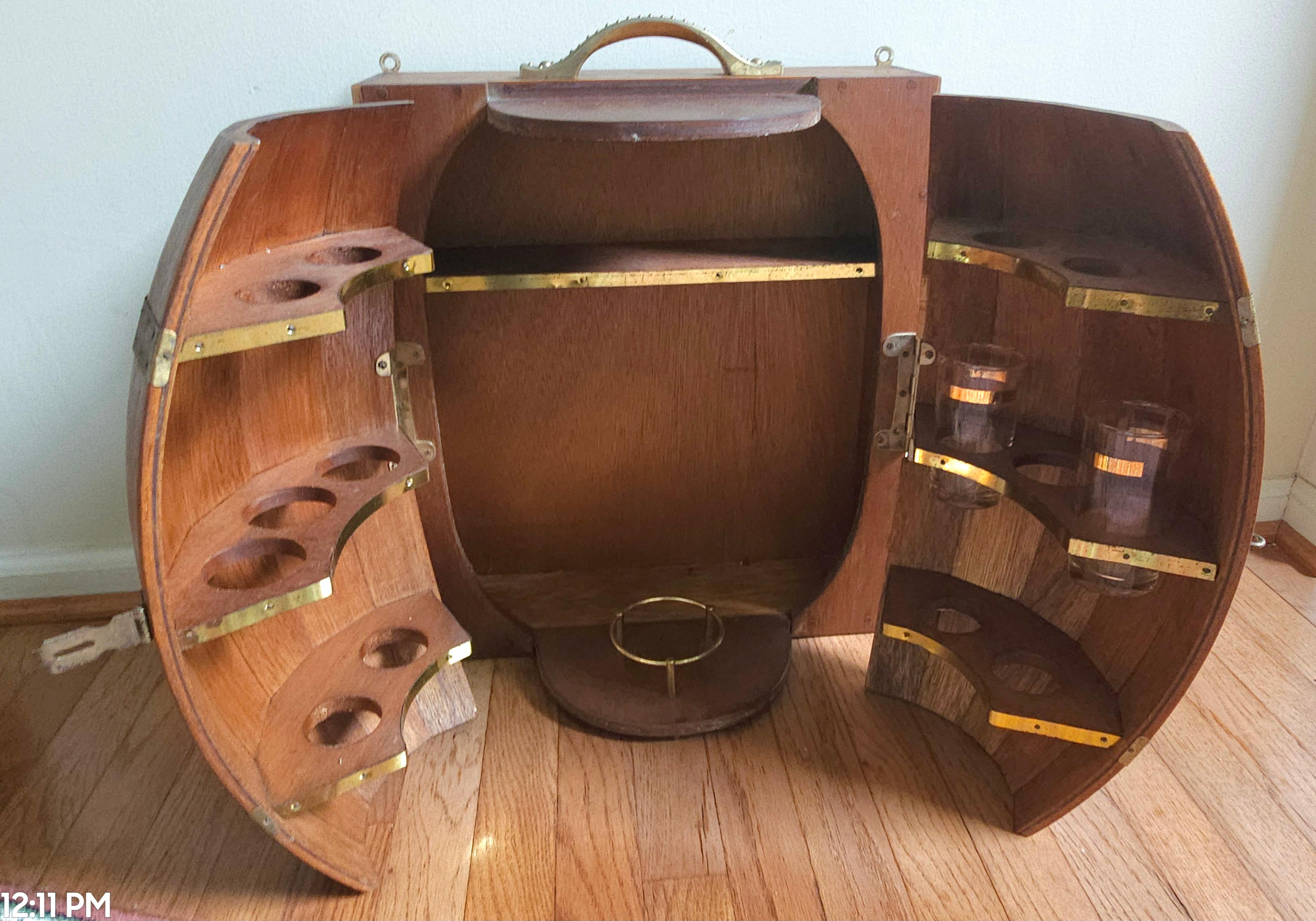 Mid-Century Oak Barrel Wall Hanging  Bar Cabinet with A Collection of 11 Glasses For Sale 2