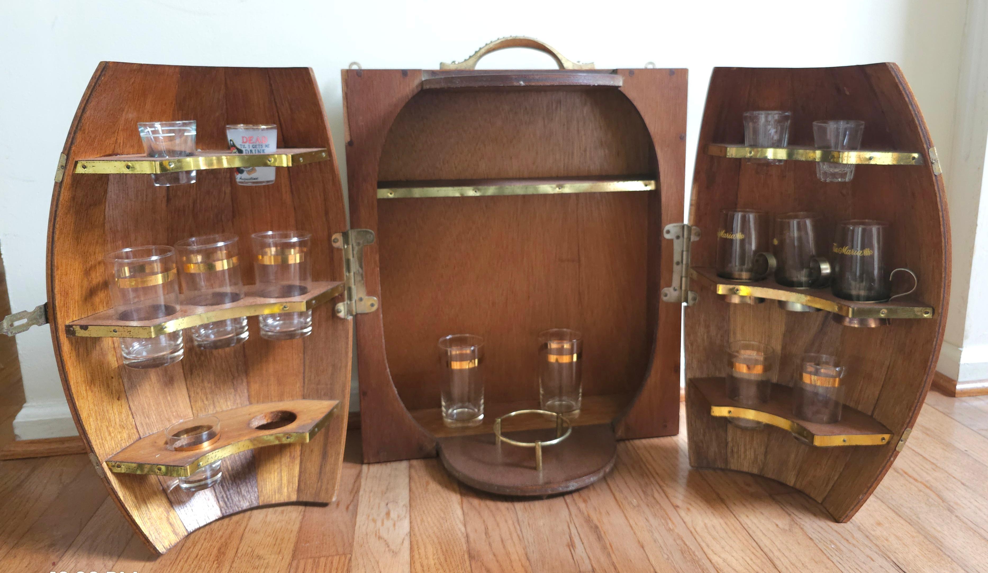 Mid-Century Oak Barrel Wall Hanging  Bar Cabinet with A Collection of 11 Glasses For Sale 3