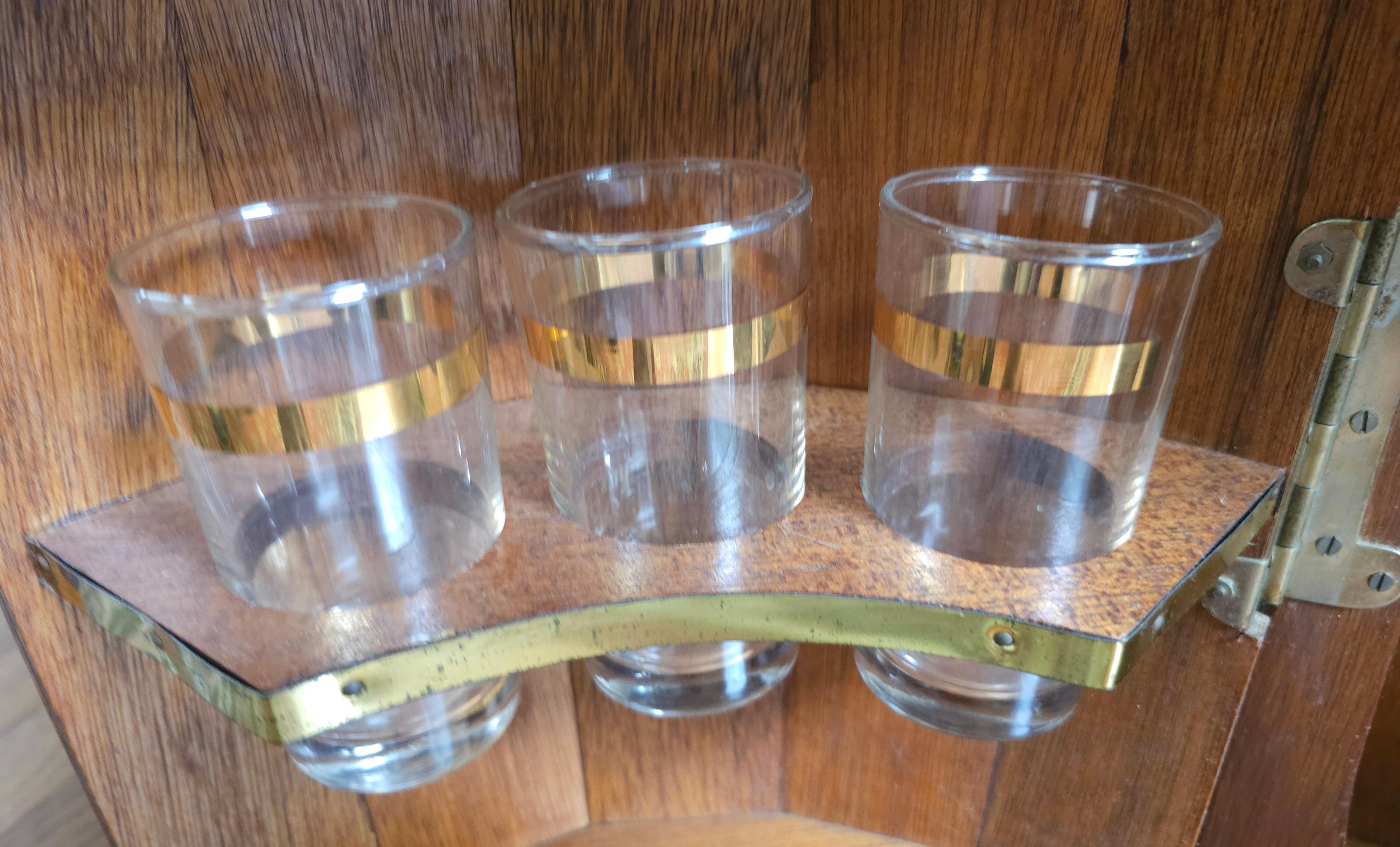 Mid-Century Oak Barrel Wall Hanging  Bar Cabinet with A Collection of 11 Glasses For Sale 4