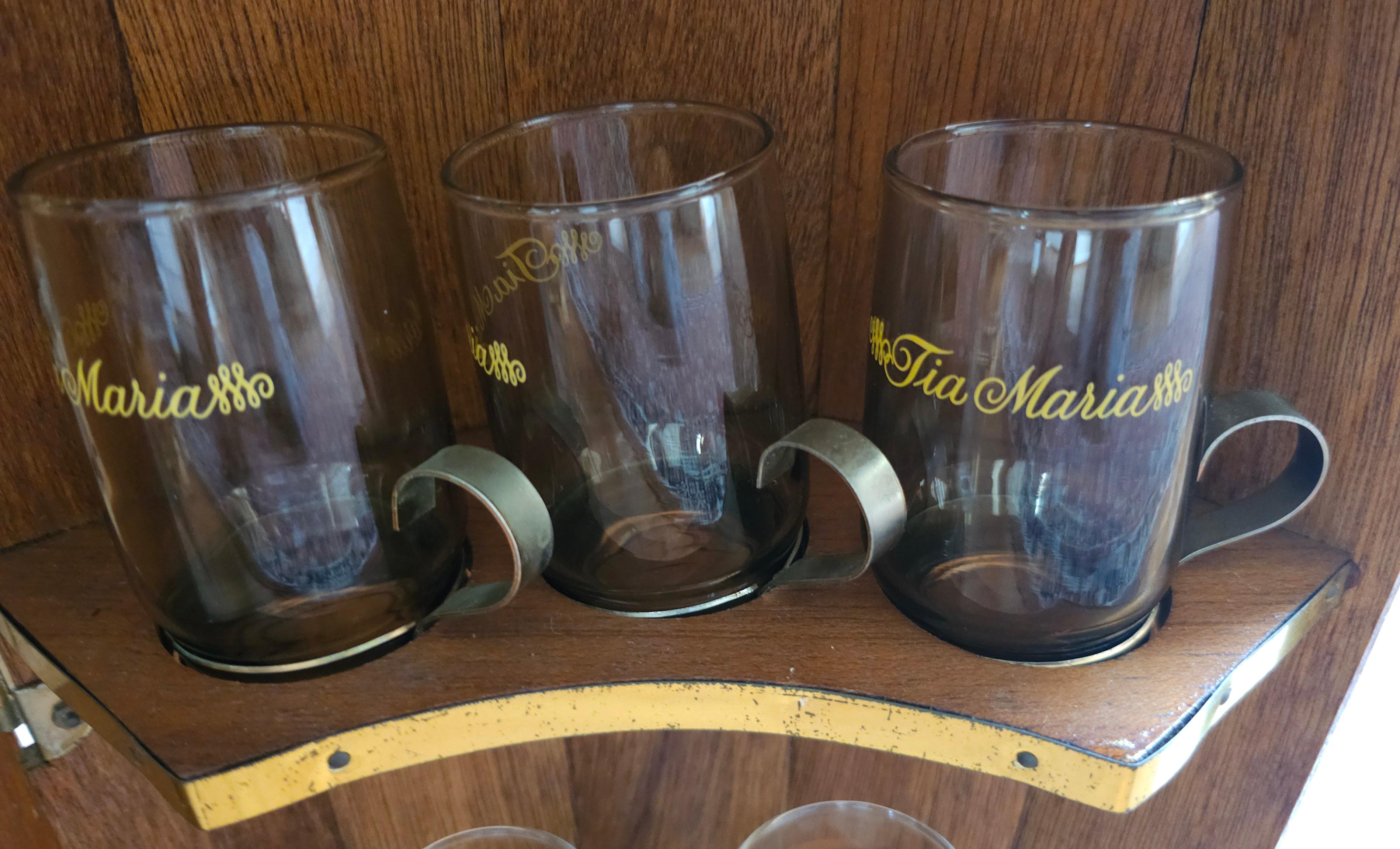 Mid-Century Oak Barrel Wall Hanging  Bar Cabinet with A Collection of 11 Glasses For Sale 7