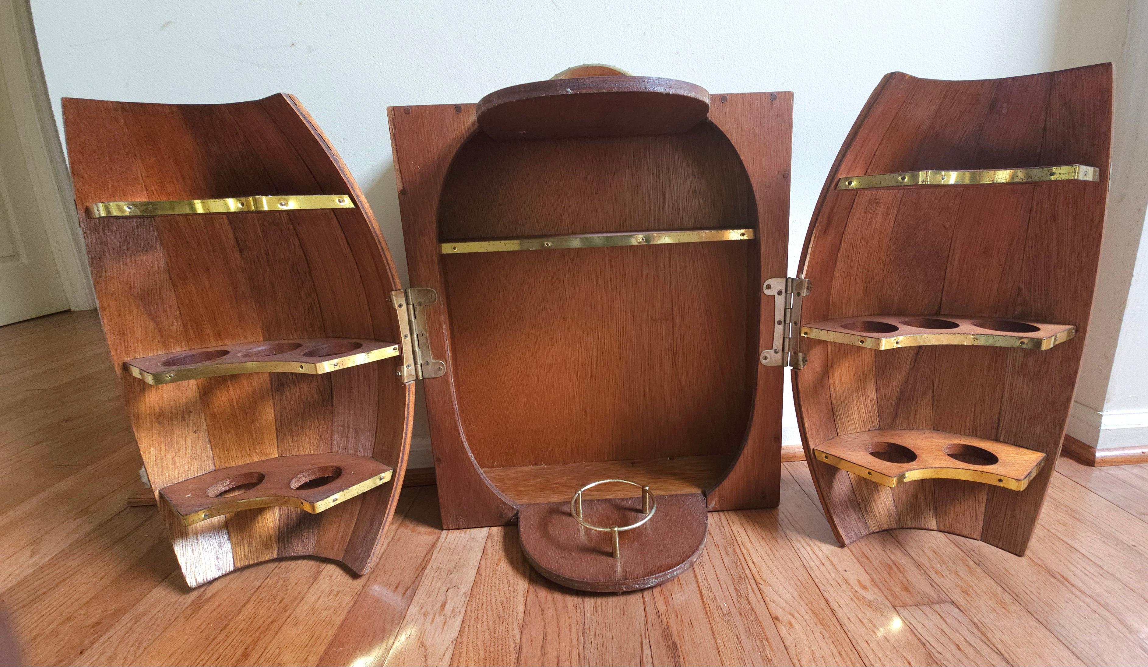 American Mid-Century Oak Barrel Wall Hanging  Bar Cabinet with A Collection of 11 Glasses For Sale