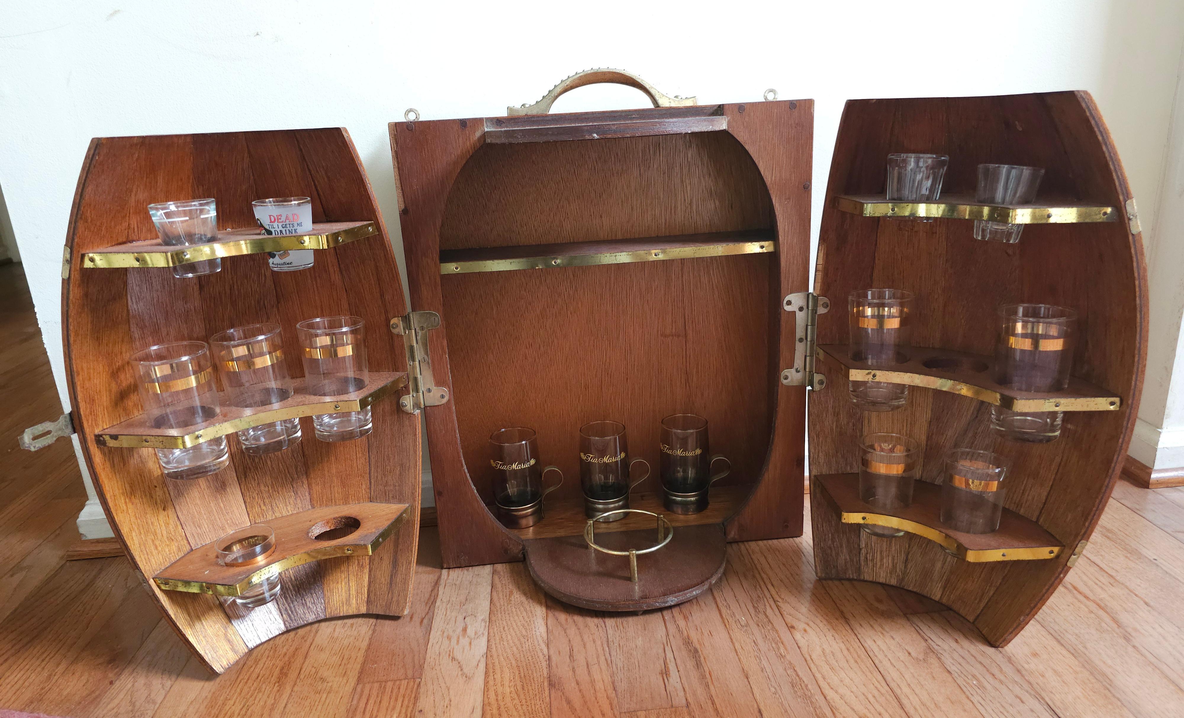 Hand-Crafted Mid-Century Oak Barrel Wall Hanging  Bar Cabinet with A Collection of 11 Glasses For Sale